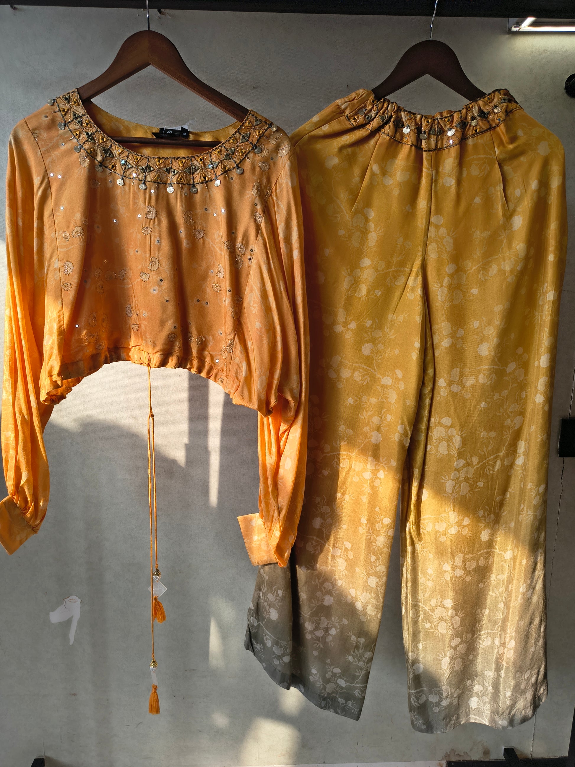 Premium Sunset Ombre Embellished Crop Top & Wide-Leg Palazzo Co-Ord Set