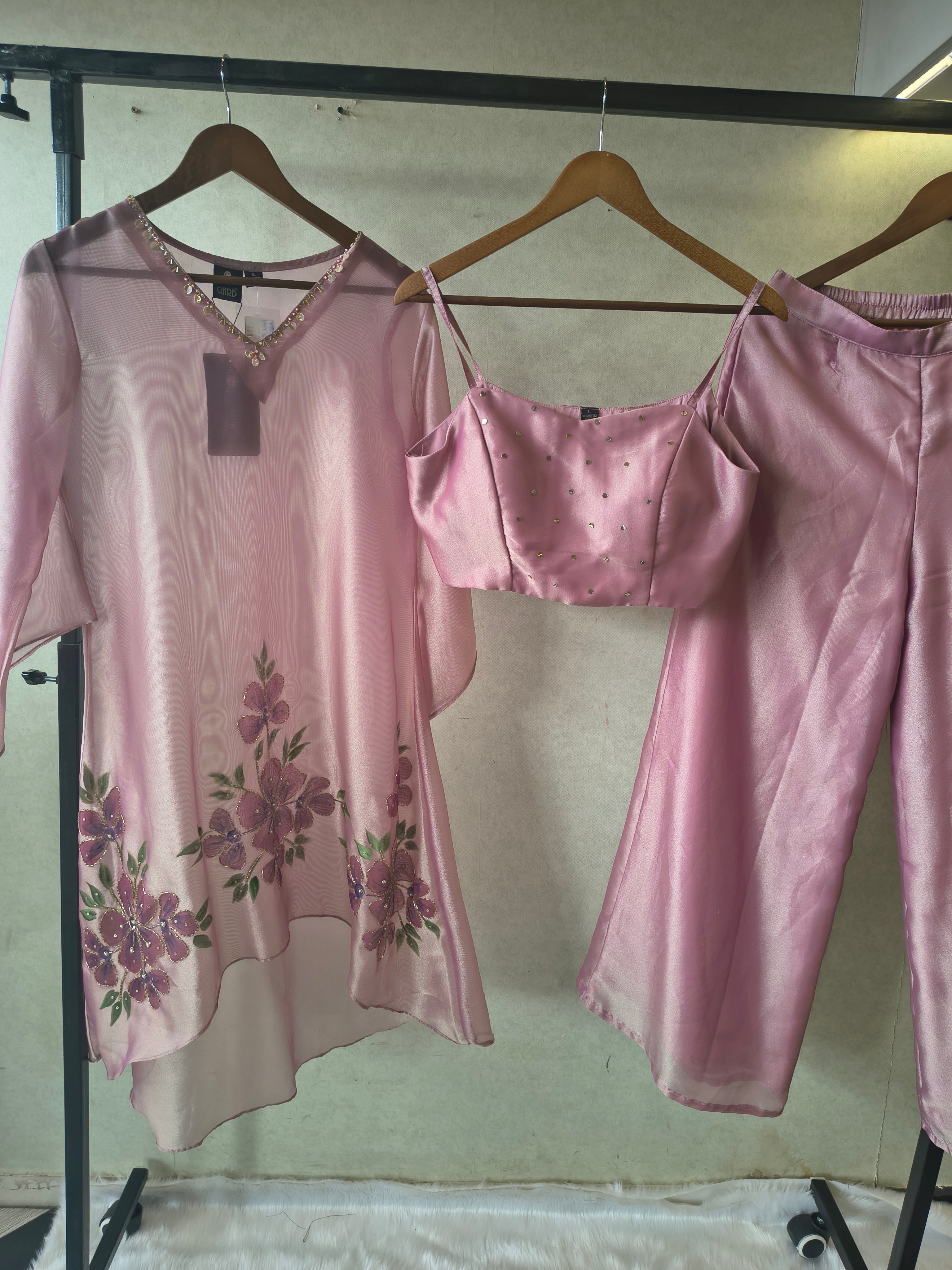 Image of Blush Pink Floral Embroidered Kaftan Co-ord Set with Hand-Painted Cape, Embellished Blouse & Palazzo