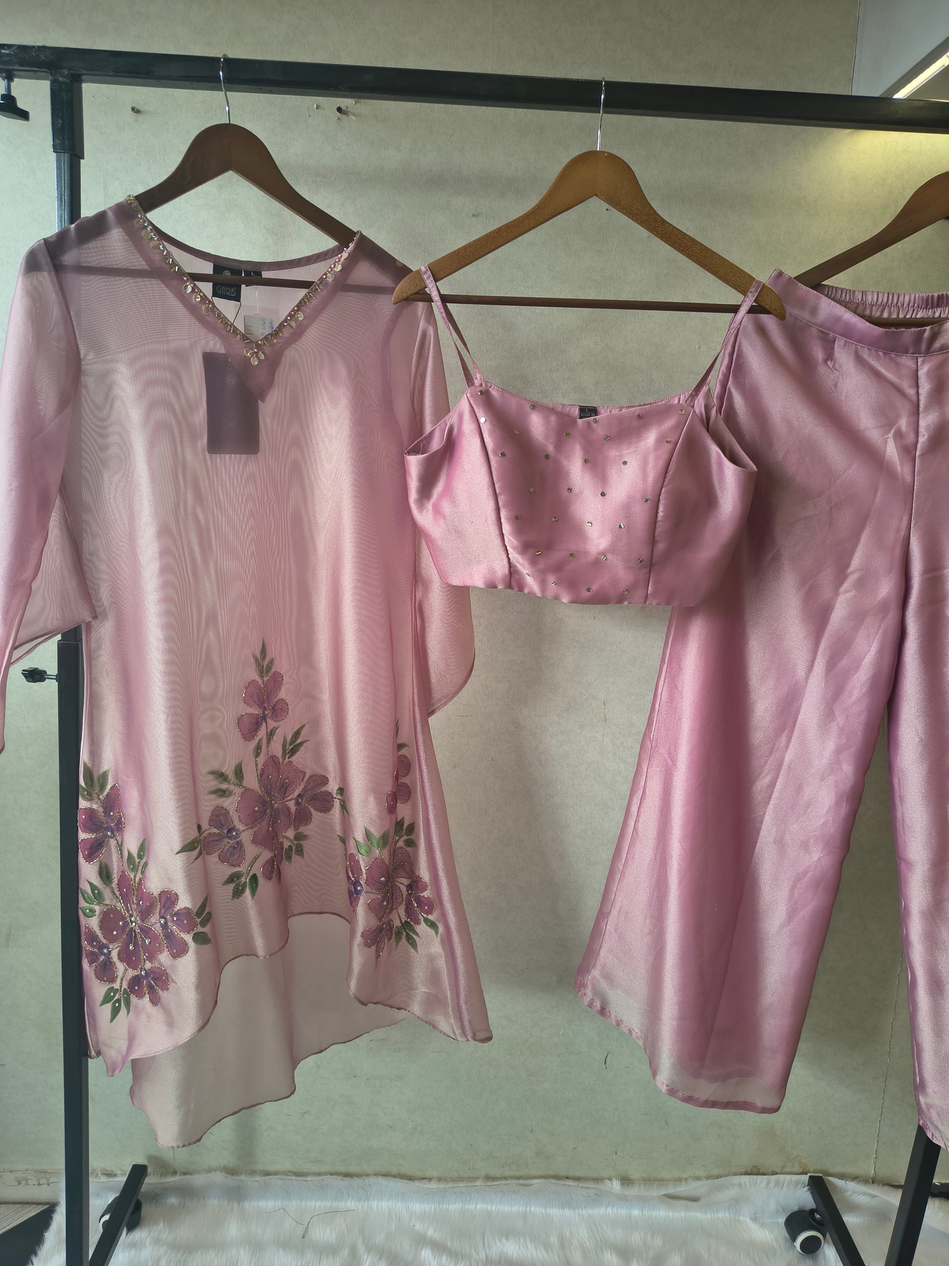Blush Pink Floral Embroidered Kaftan Co-ord Set with Hand-Painted Cape, Embellished Blouse & Palazzo