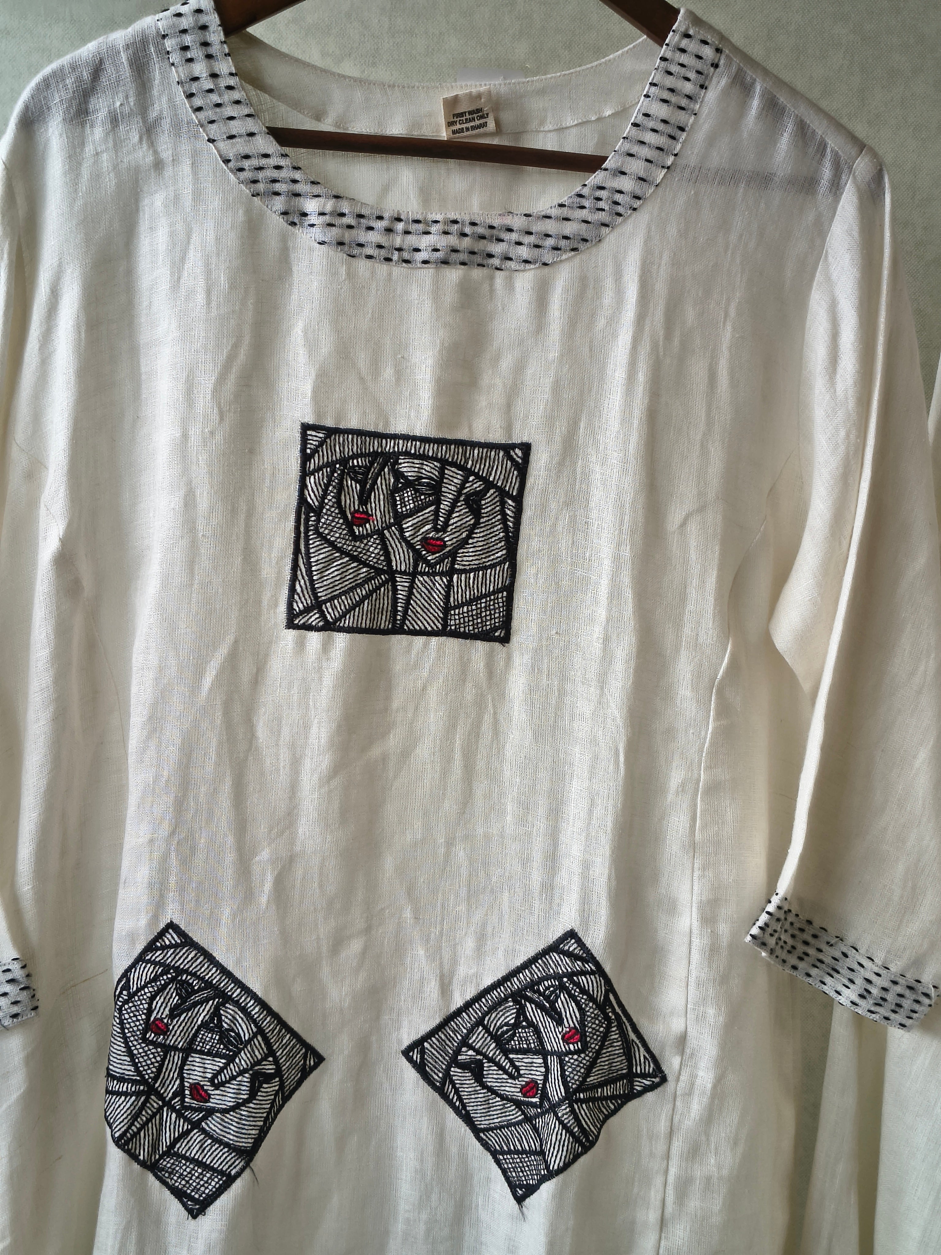 Image of Premium Off-White Artistic Abstract Embroidered Cotton Kurta with Straight Pants Set