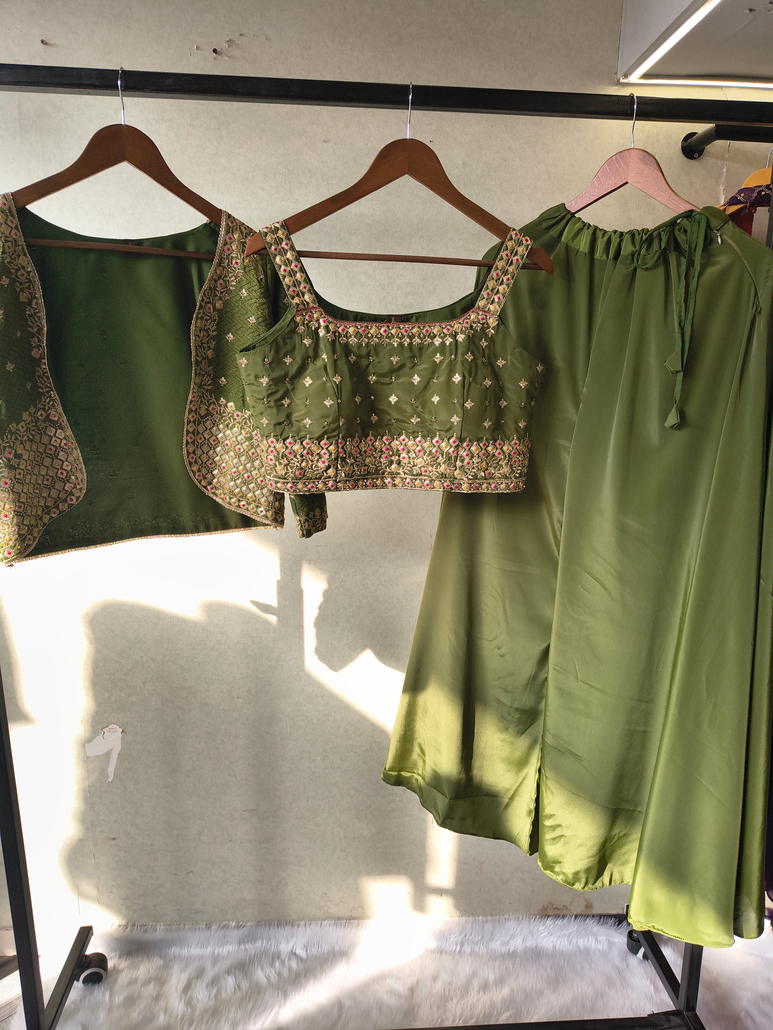 Image of Luxury Olive Green Embellished Blouse with Embroidered Jacket & Flared Palazzo – 3 Piece Designer Indo-Western Set