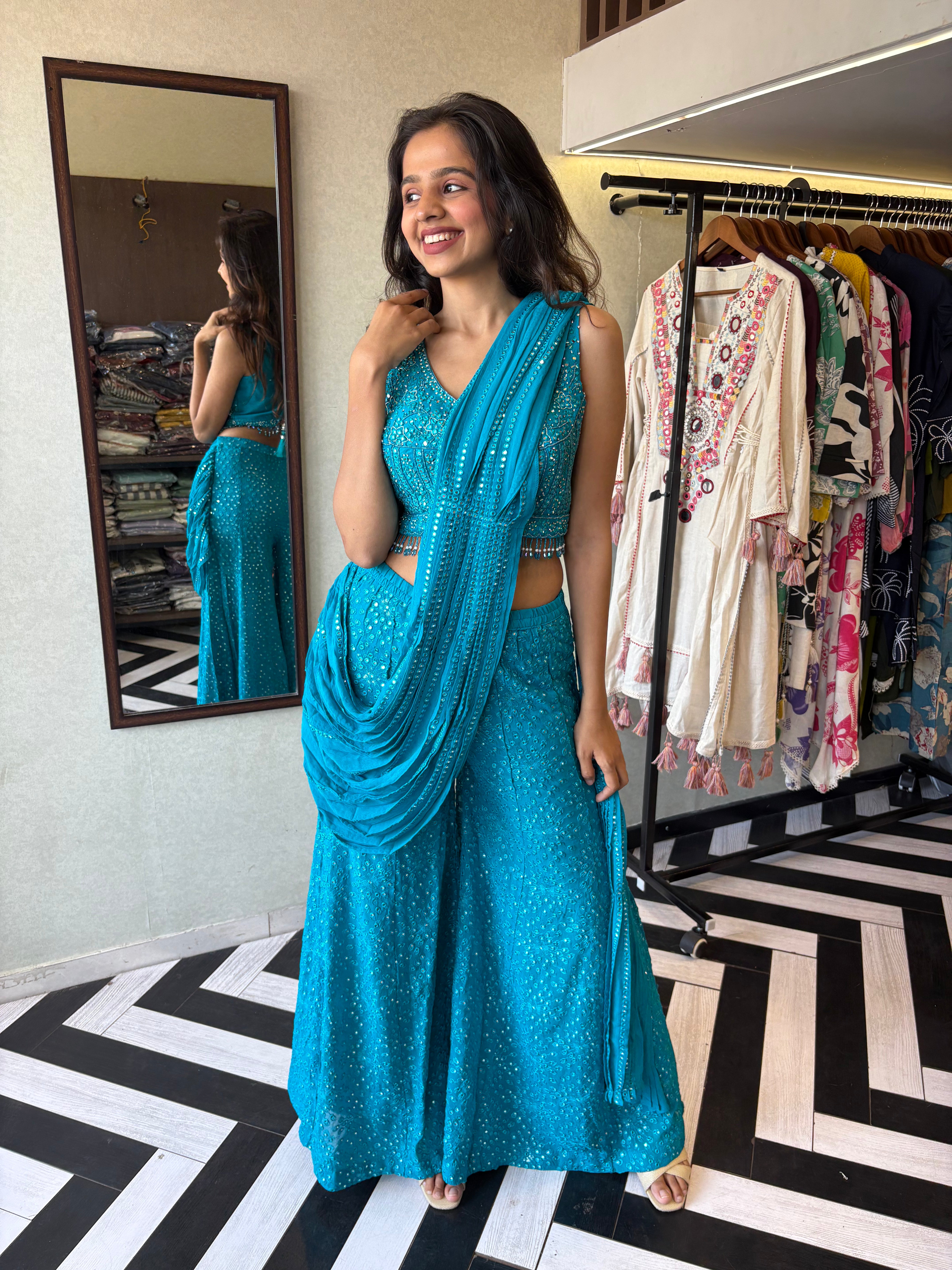 Image of Our Deep Blue Indo-Western Plazzo Set - where bold meets beautiful!