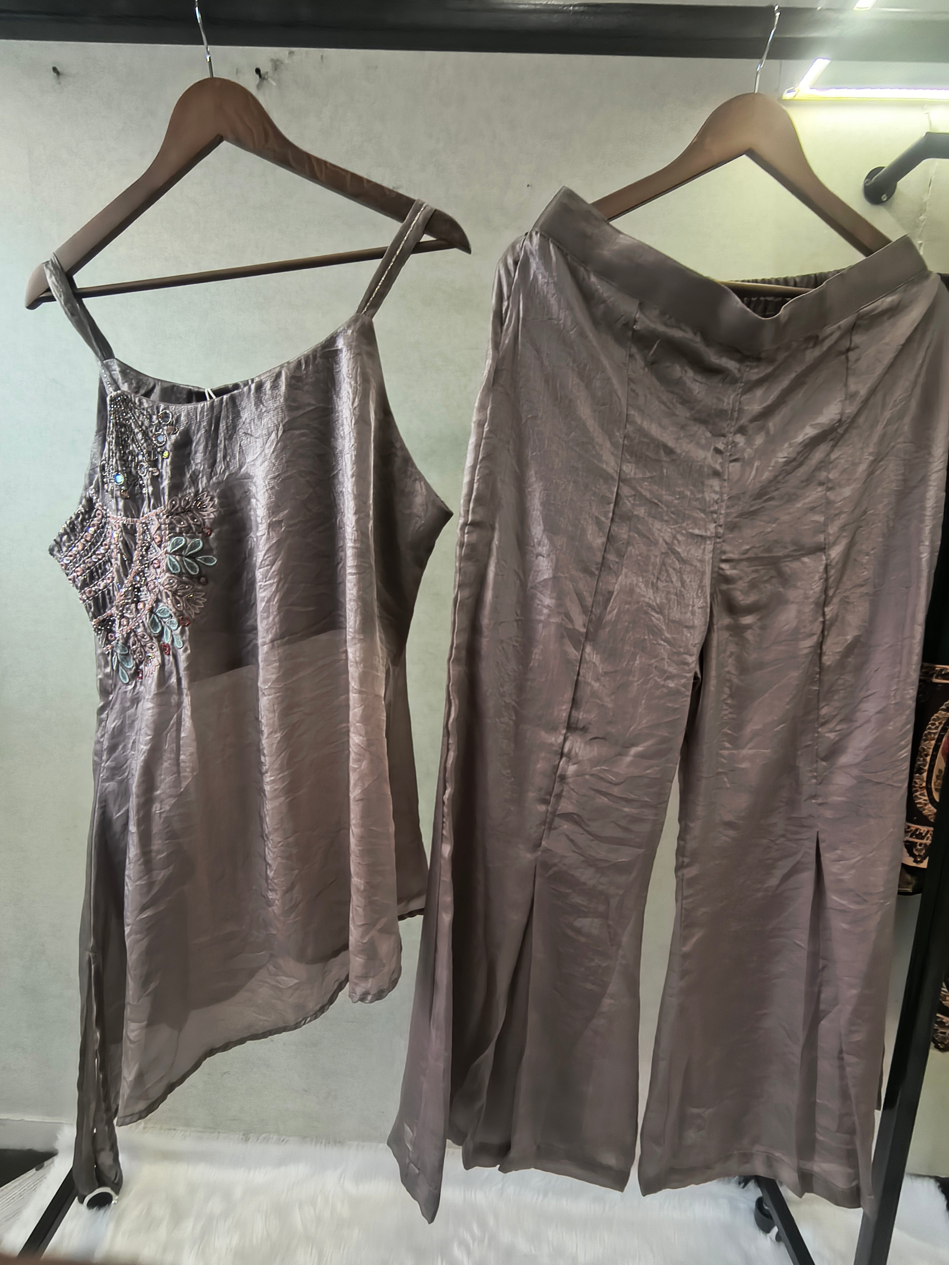 Image of Steel Grey Asymmetrical Embroidered Indo-Western Kurta Set with Straight Pants & Dupatta – 3 Piece Designer Co-Ord Set