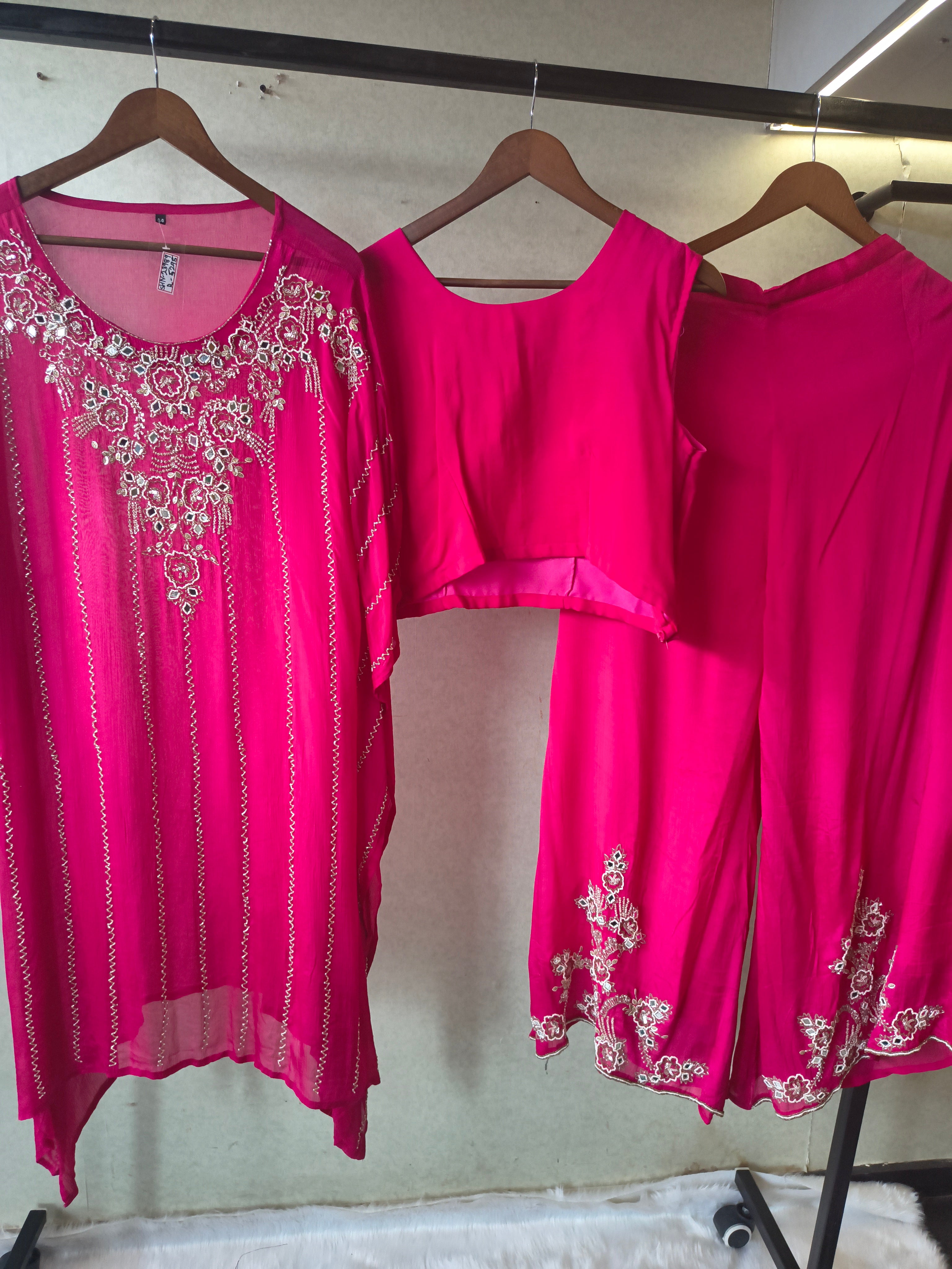 Image of Hot Pink Mirror Embroidered Kaftan Co-Ord Set with Crop Top & Flared Palazzo – Designer 3 Piece Indo-Western Ensemble