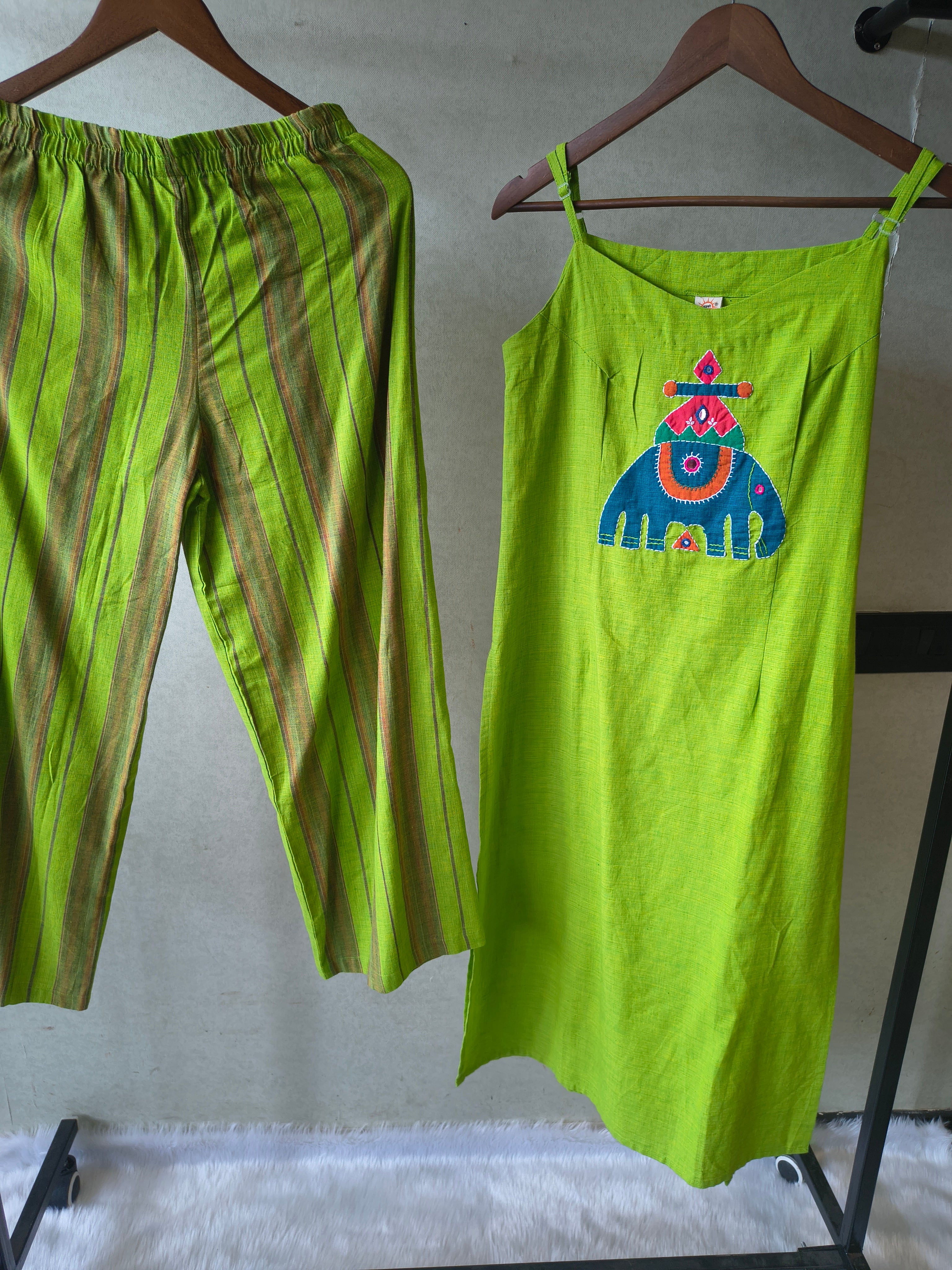 Image of Lime Green Sleeveless Cotton Kurta Set with Tribal Elephant Appliqué & Striped Straight Pants