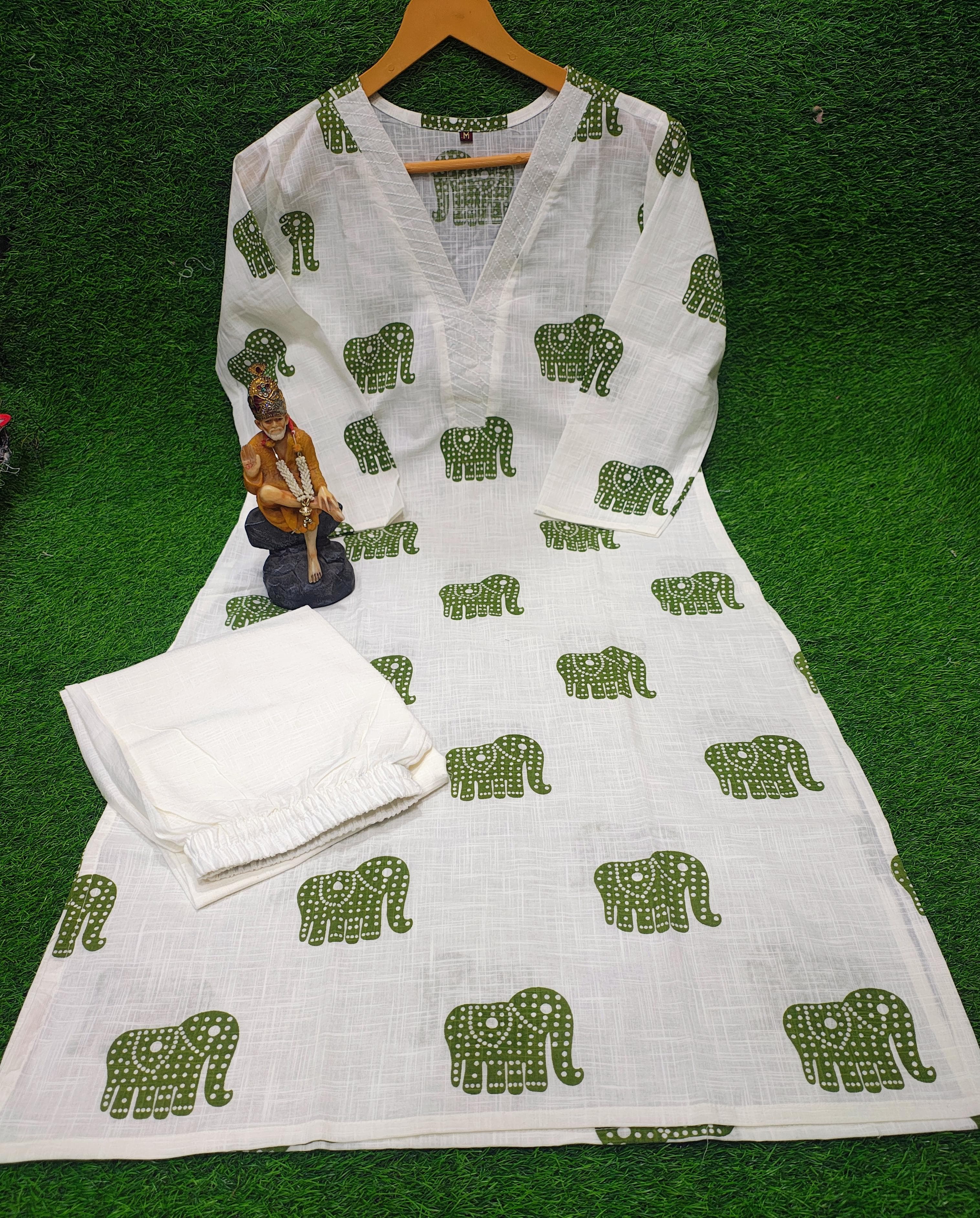 Explore Breathable & Embroidered and beautiful elephant print all over kurti Co-ord Sets your go-to for any occasion