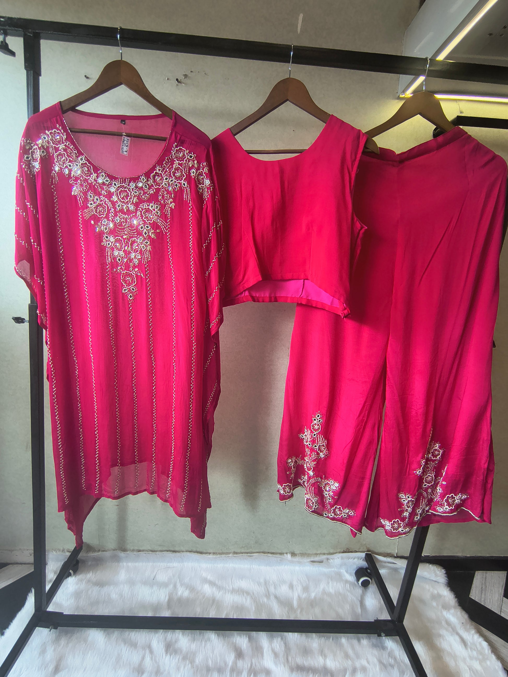 Hot Pink Mirror Embroidered Kaftan Co-Ord Set with Crop Top & Flared Palazzo – Designer 3 Piece Indo-Western Ensemble