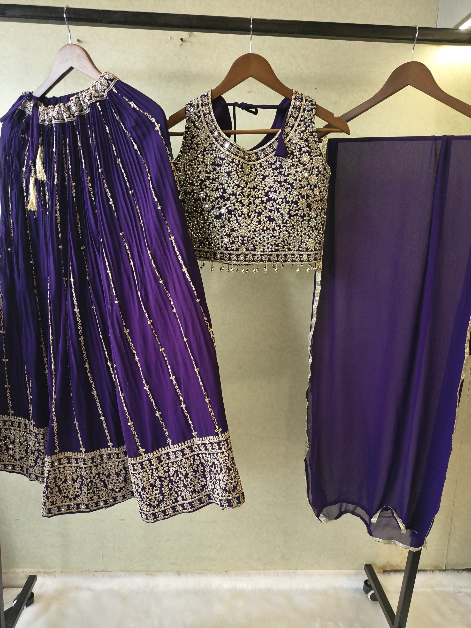 Royal Purple Heavy Embroidered Designer Lehenga Set with Statement Blouse & Chiffon Dupatta | Premium Wedding Collection