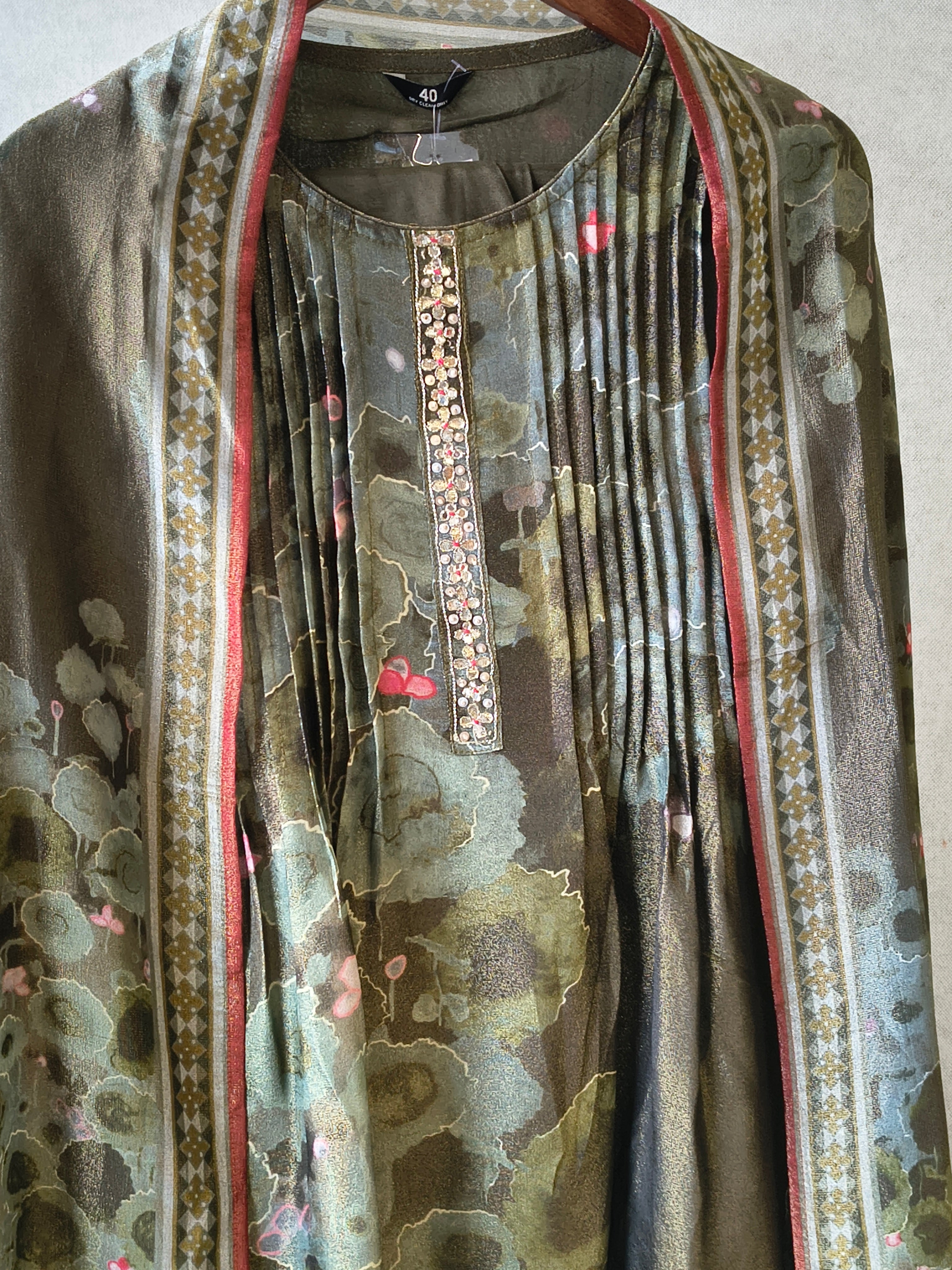 Image of Premium Olive Green Abstract Printed A-Line Kurta Set with Dupatta