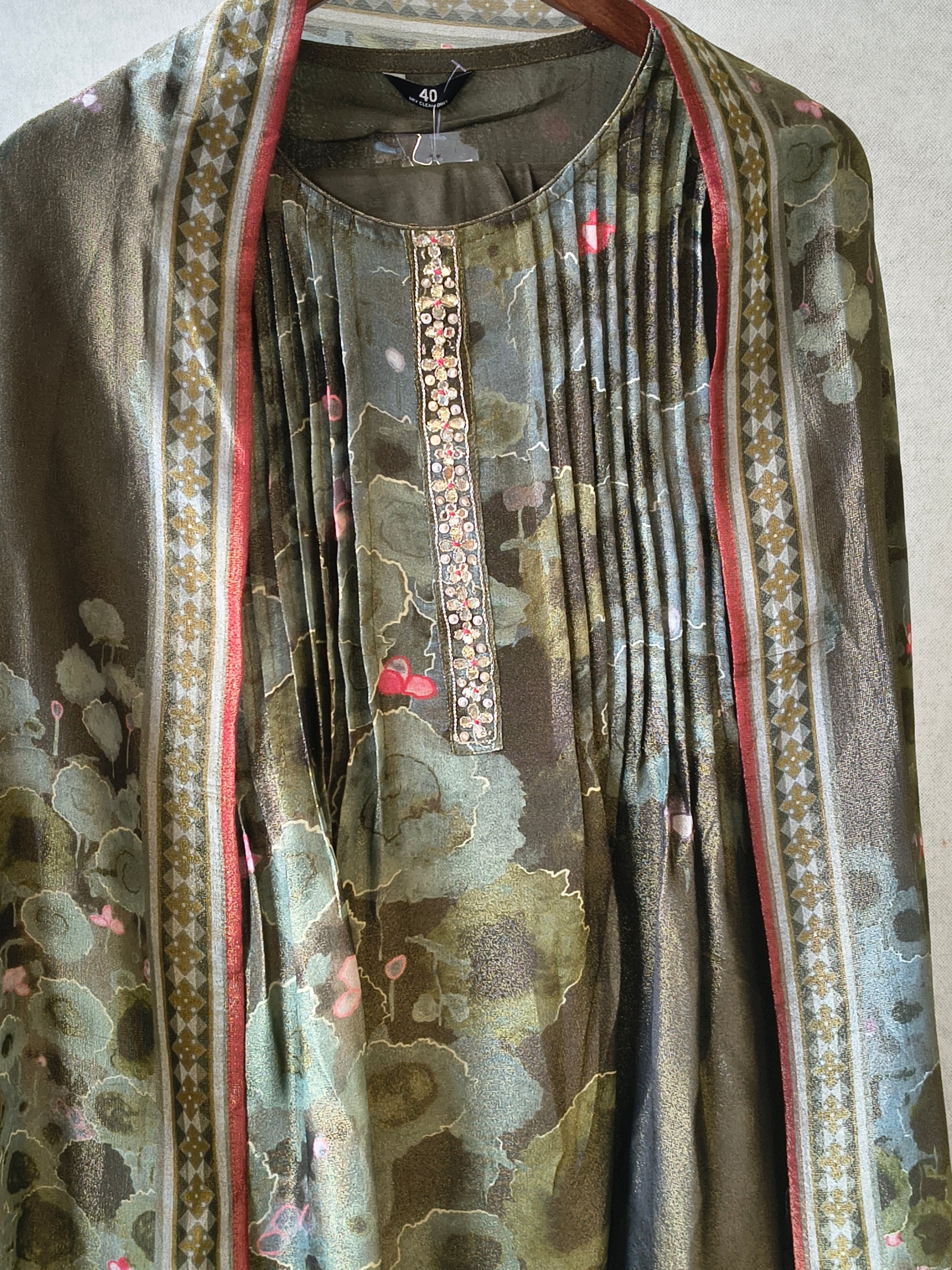 Premium Olive Green Abstract Printed A-Line Kurta Set with Dupatta