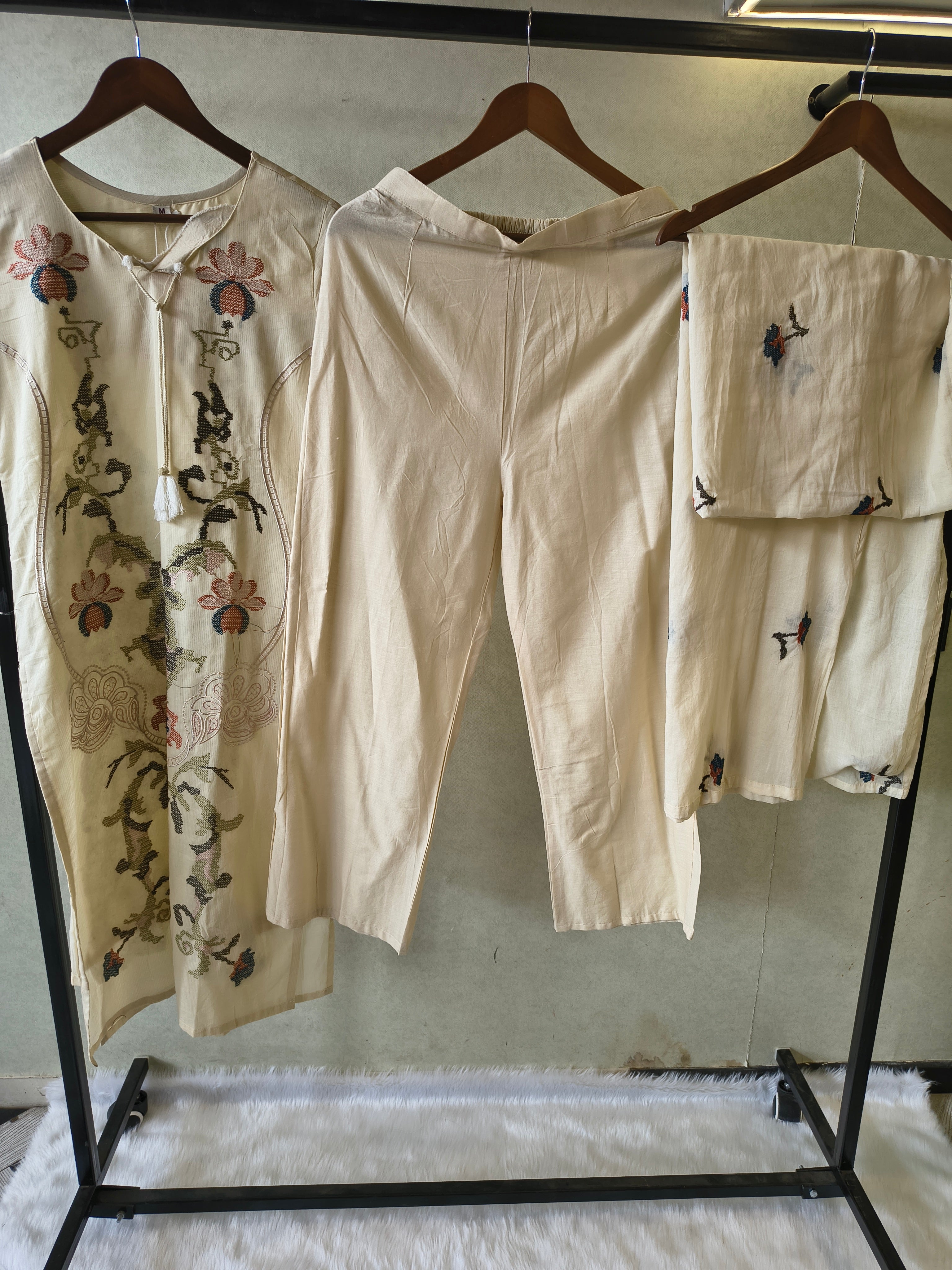 Image of Ivory Cotton 3-Piece Suit Set with Floral Vine Embroidery & Embroidered Dupatta