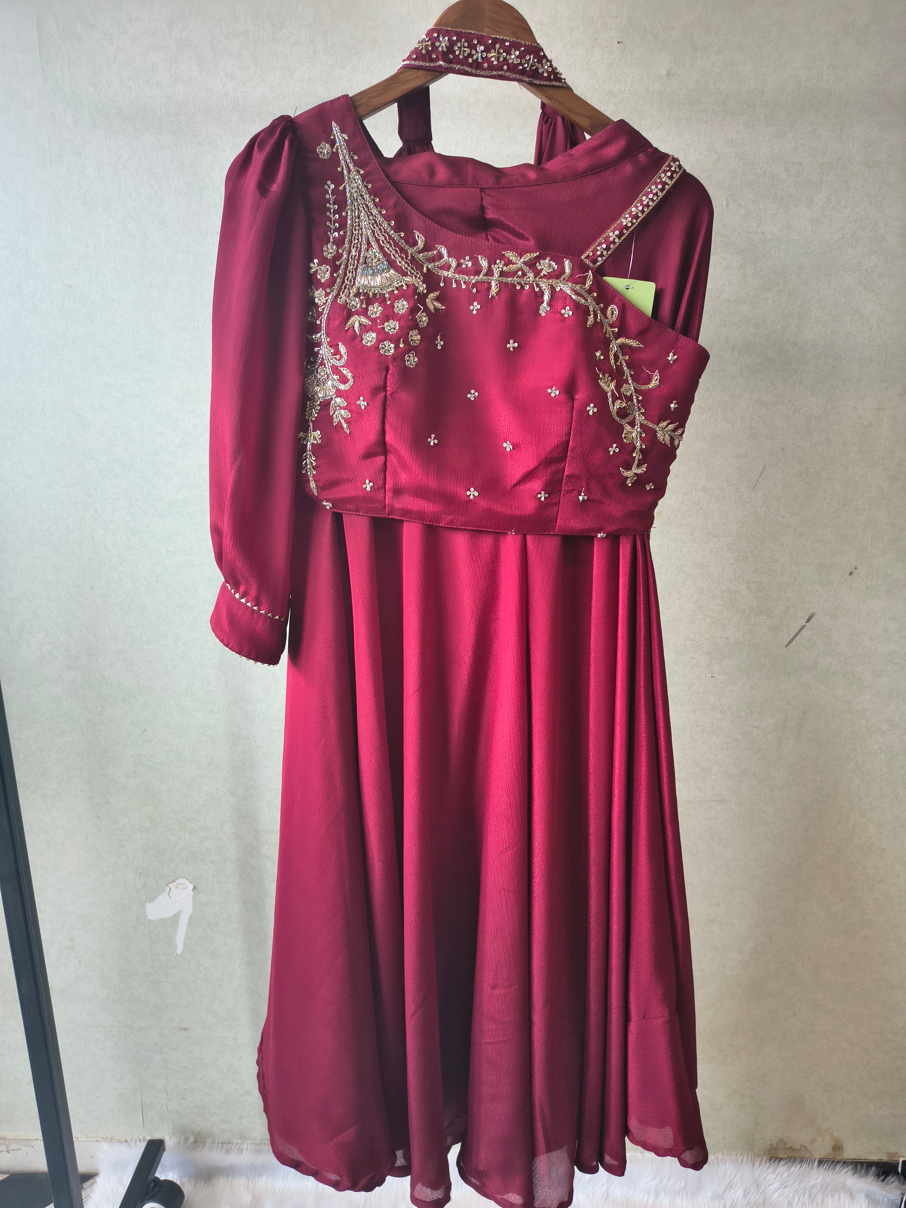 Image of Premium Wine Satin Silk 3-Piece Lehenga Set with Hand Embroidered One-Shoulder Blouse & Dupatta