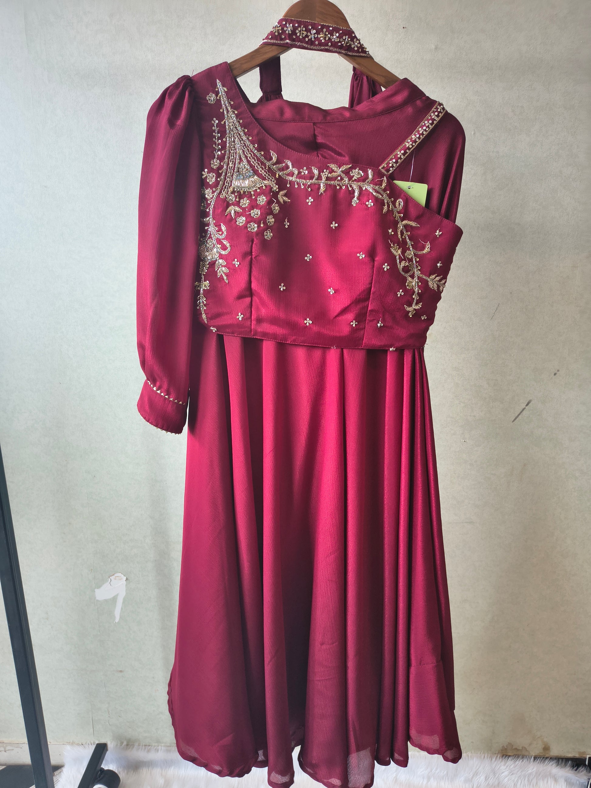 Premium Wine Satin Silk 3-Piece Lehenga Set with Hand Embroidered One-Shoulder Blouse & Dupatta