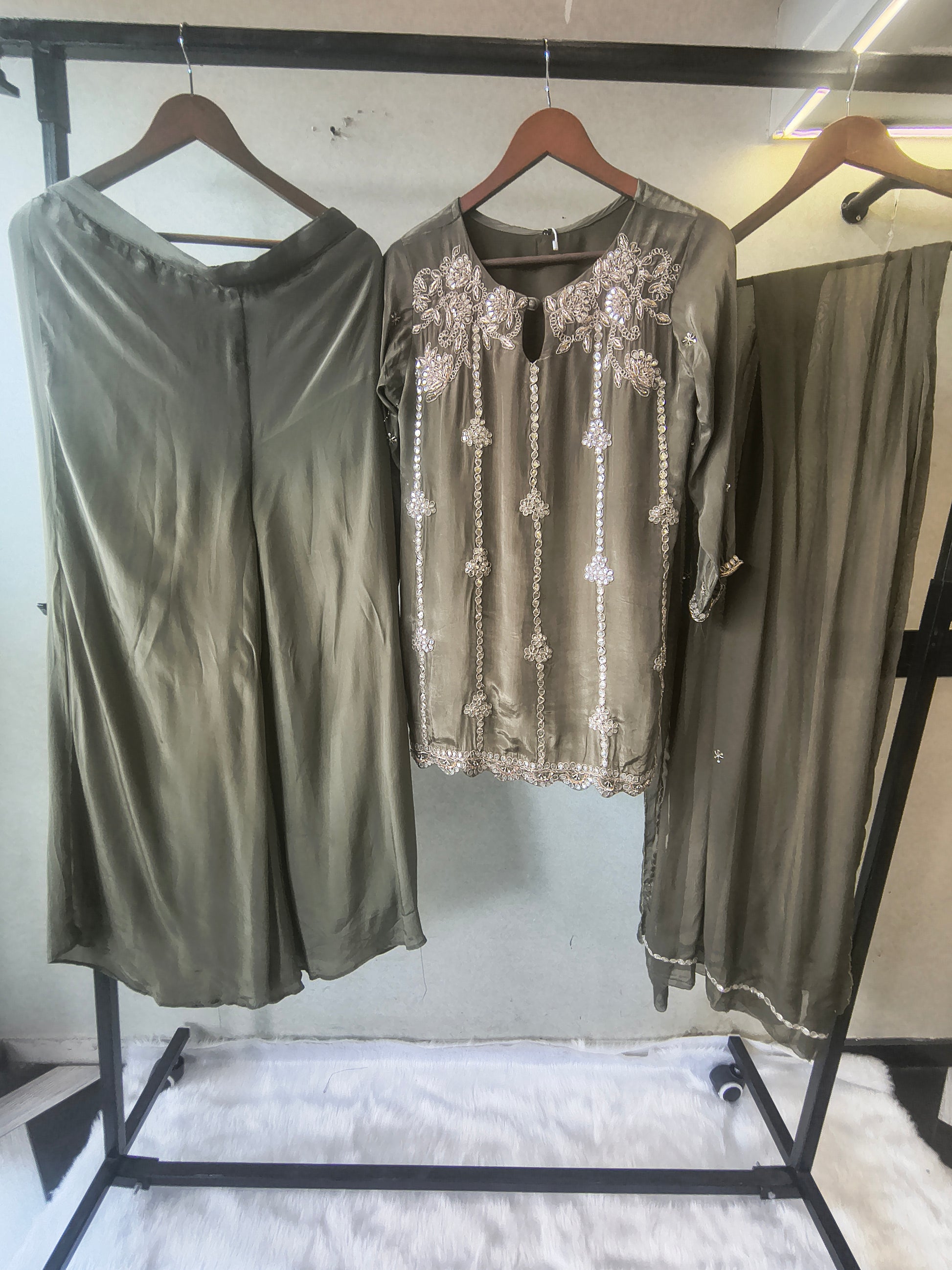 Olive Green Pearl & Mirror Embroidered Kurta Set with Flared Palazzo & Organza Dupatta – Designer 3 Piece Festive Ensemble