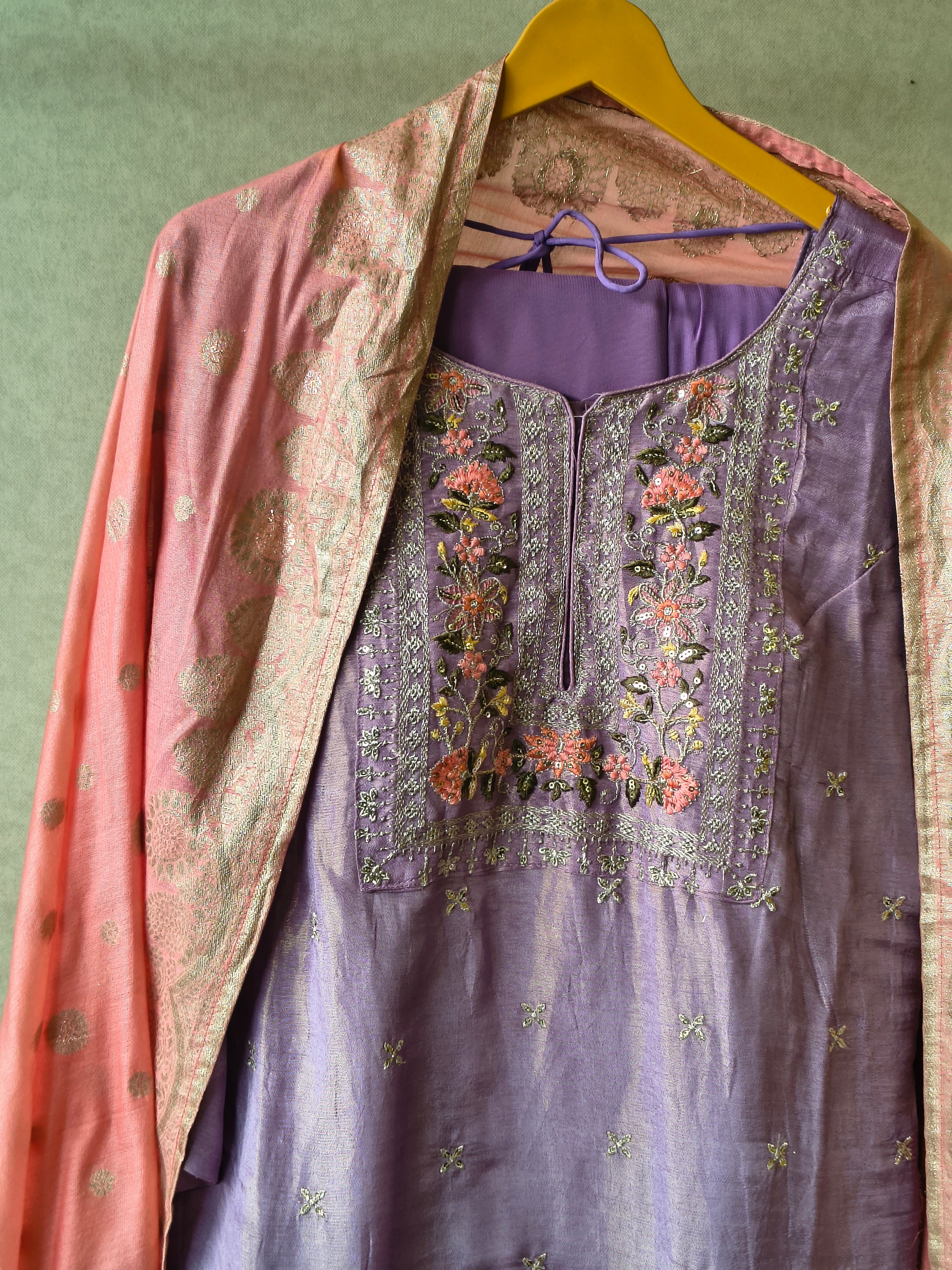 Image of Premium Lavender Embroidered Kurta with Sharara & Banarasi Dupatta Set