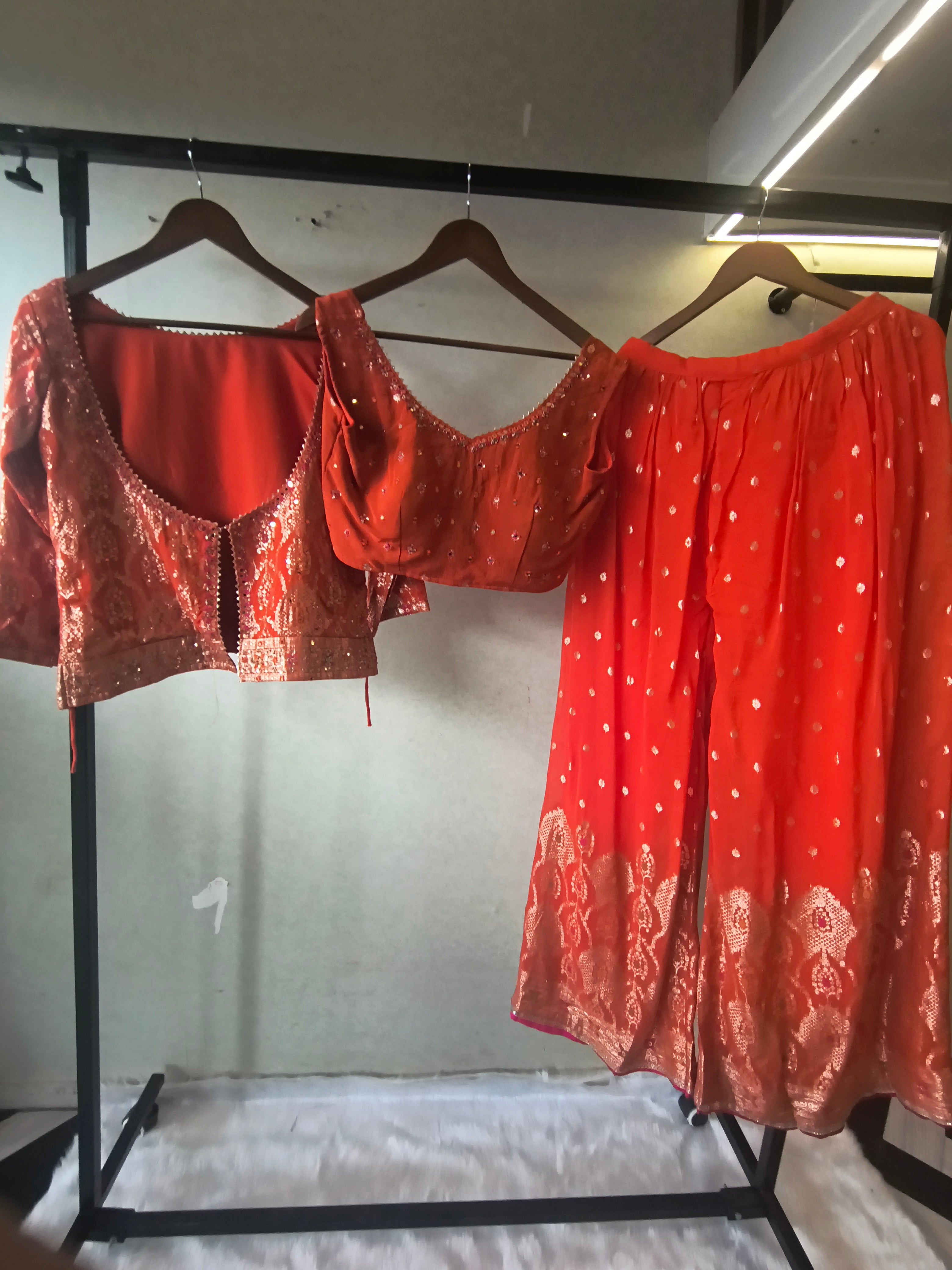 Image of Rust Orange Banarasi Embroidered Lehenga Set with Handworked Blouse & Embellished Blouse – Designer 3 Piece Festive Ensemble