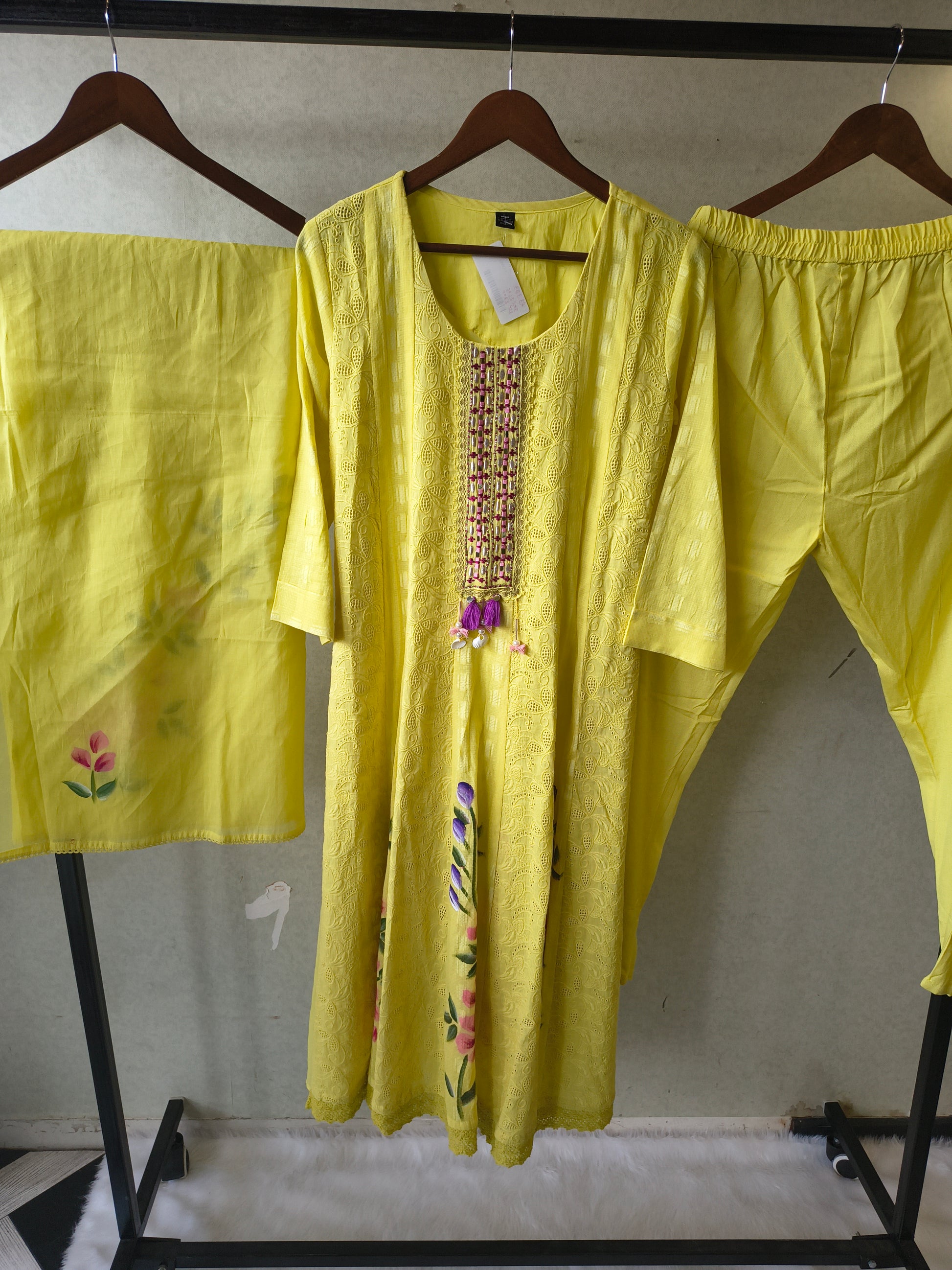 Premium Sunshine Yellow Schiffli Embroidered Kurta Set with Floral Handwork & Dupatta