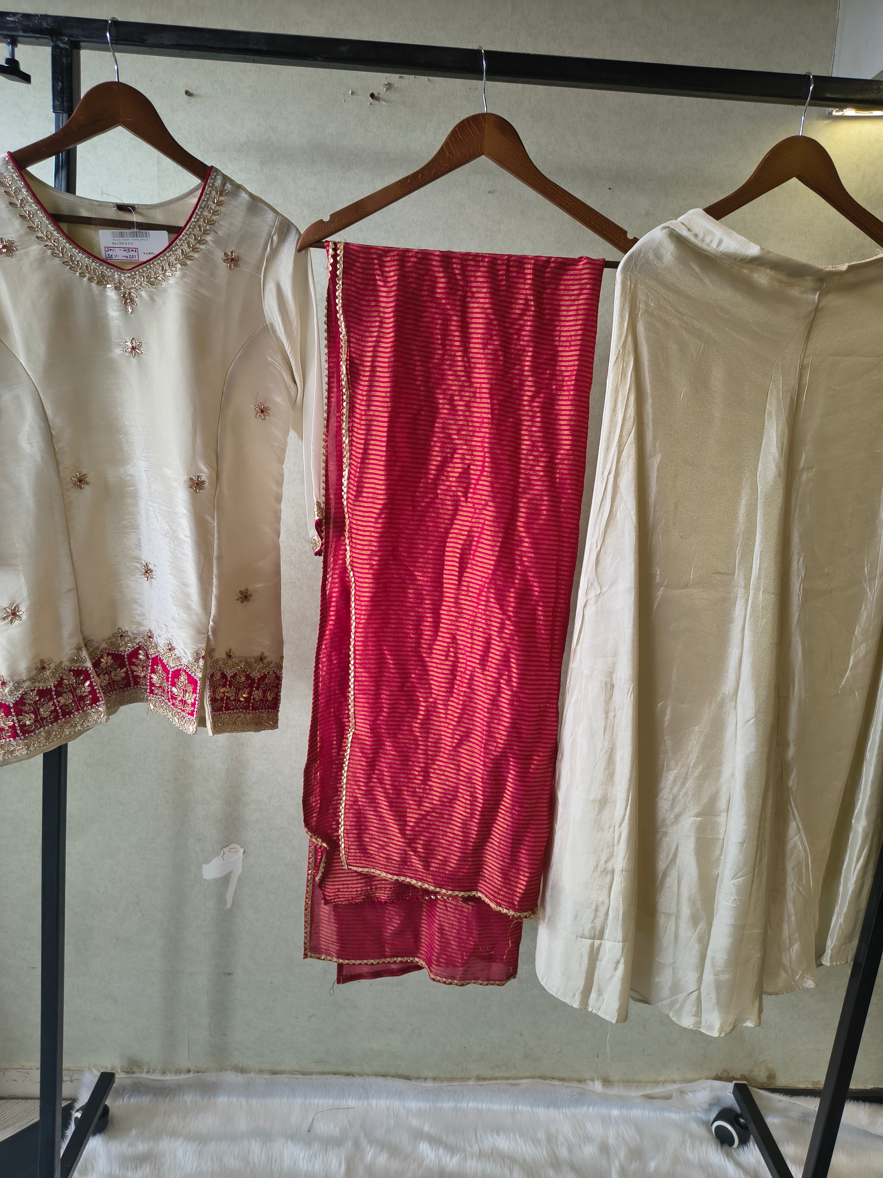 Image of Ivory Tissue Silk Embroidered Kurta with Flared Palazzo & Contrast Pink Leheriya Dupatta – 3 Piece Festive Set