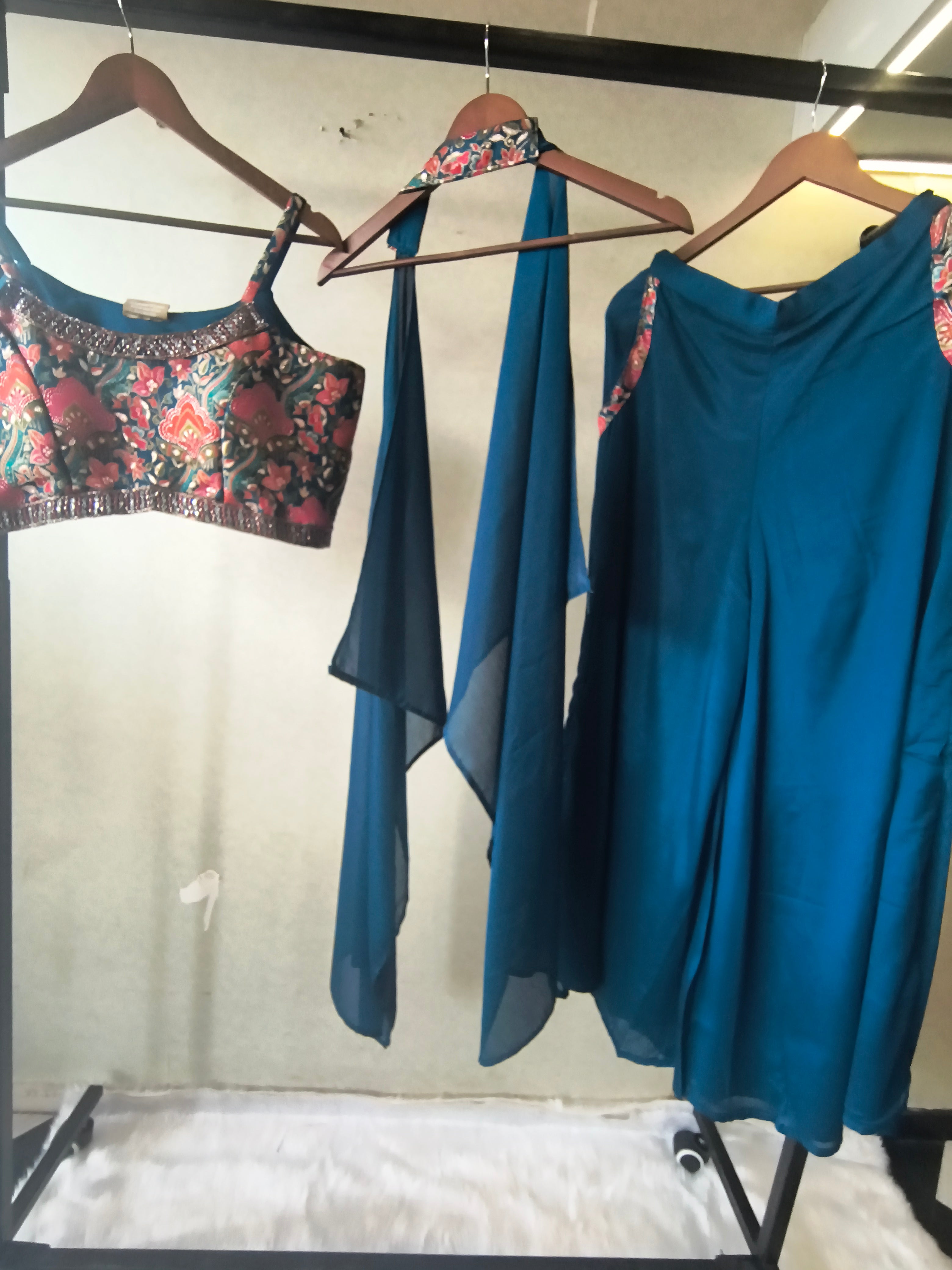 Image of Teal Printed Designer Blouse with Drape Palazzo & Cape – 3 Piece Indo-Western Fusion Party Wear Set
