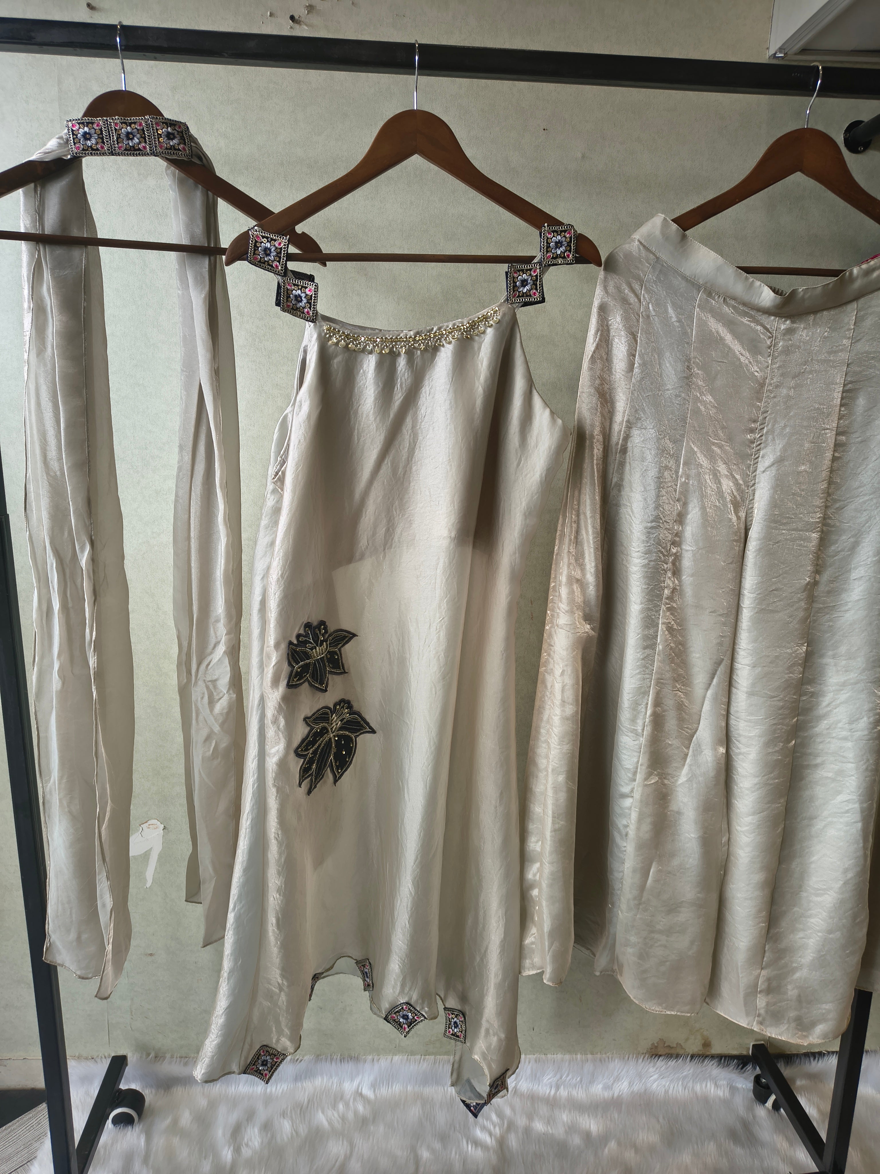 Image of Premium Ivory 3-Piece Designer Indo-Western Palazzo Set with Asymmetrical Embroidered Kurta & Statement Dupatta