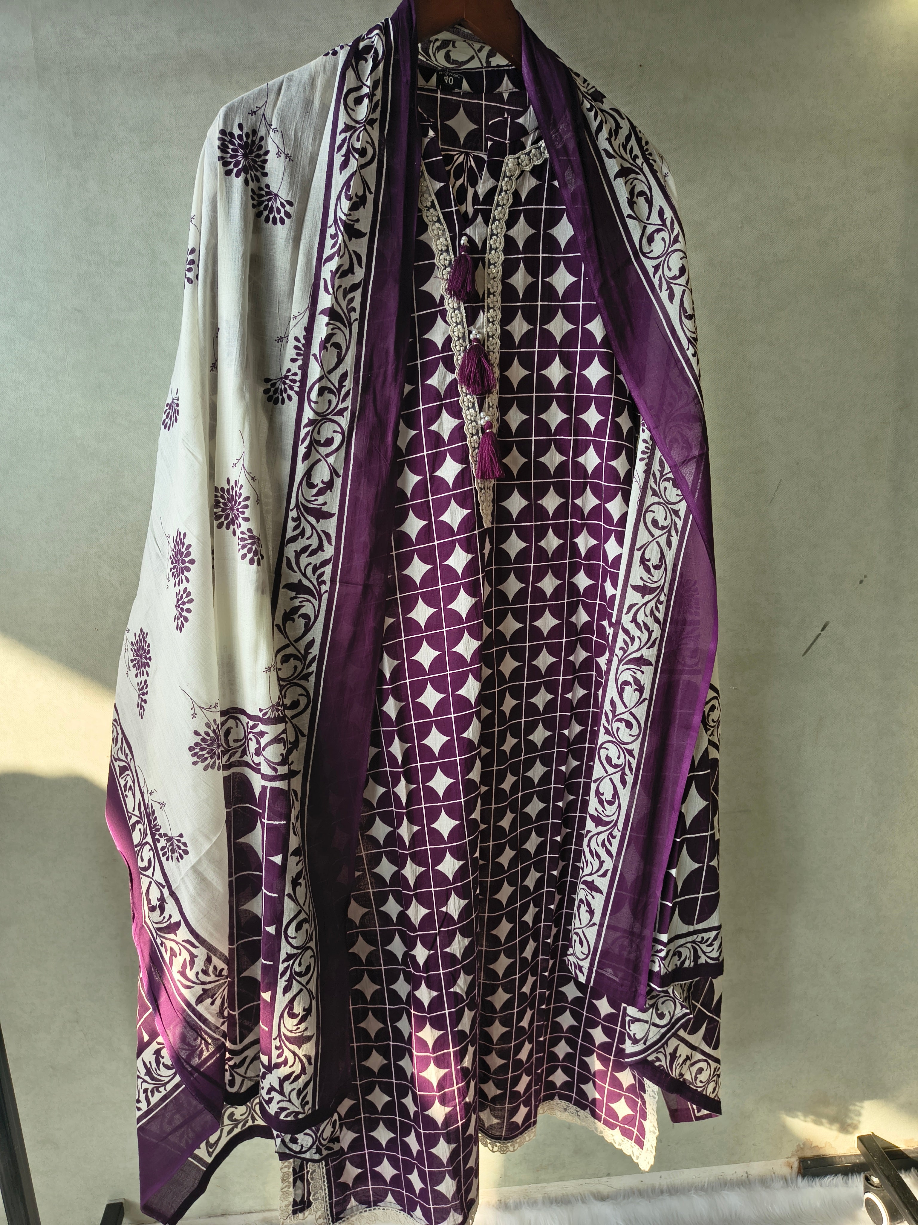 Image of Premium Plum Geometric Printed Cotton Kurta Set with Floral Printed Pants & Dupatta