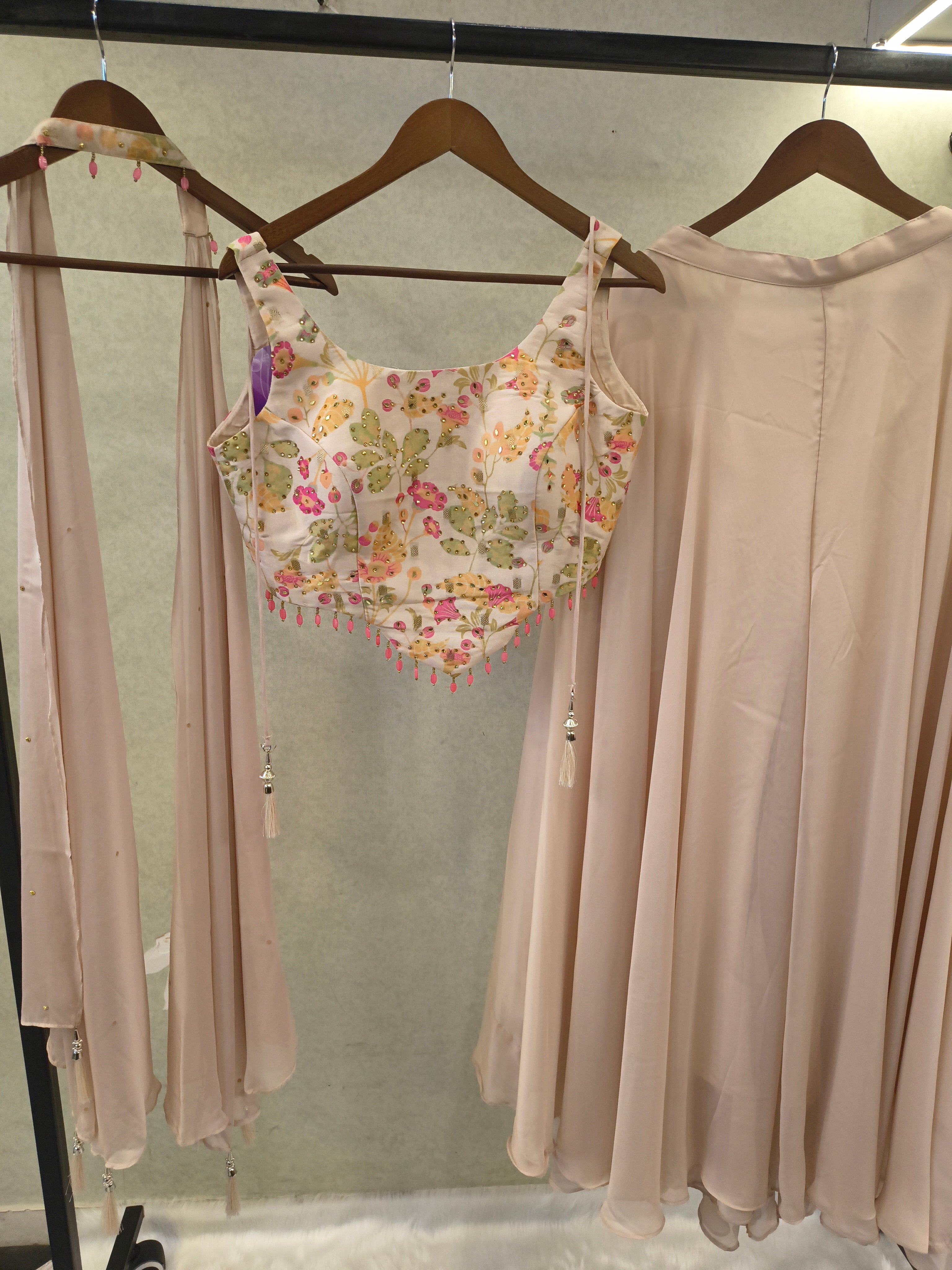 Image of Blush Pink Floral Embroidered Blouse with Flared Palazzo & Choker Dupatta – 3 Piece Designer Indo-Western Set