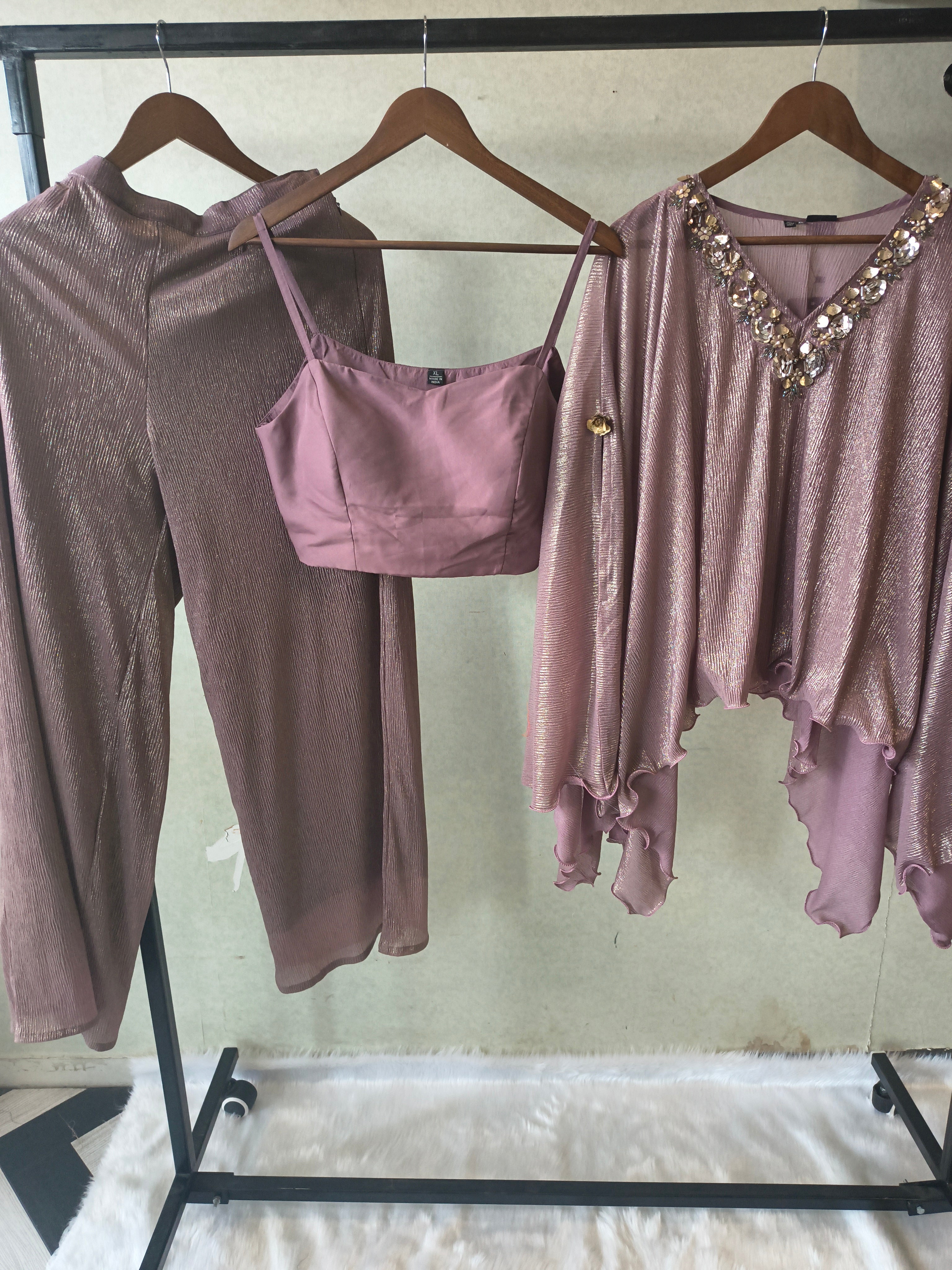 Image of Premium Rose Gold Shimmer Kaftan Co-Ord Set with Hand Embellished Cape & Straight Pants