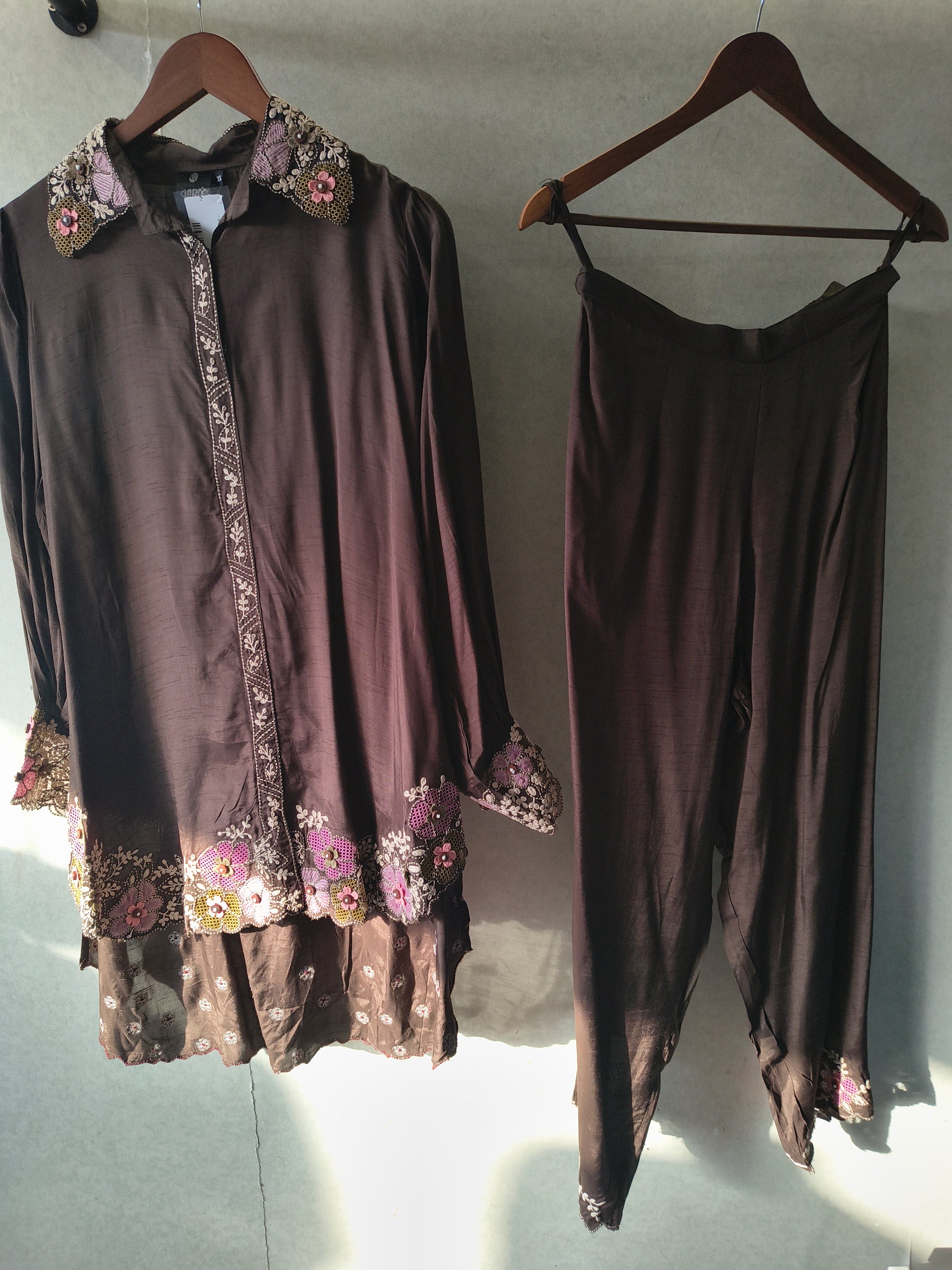 Chocolate Brown Designer Embroidered Co-Ord Set with 3D Floral Appliqué & Organza Hem
