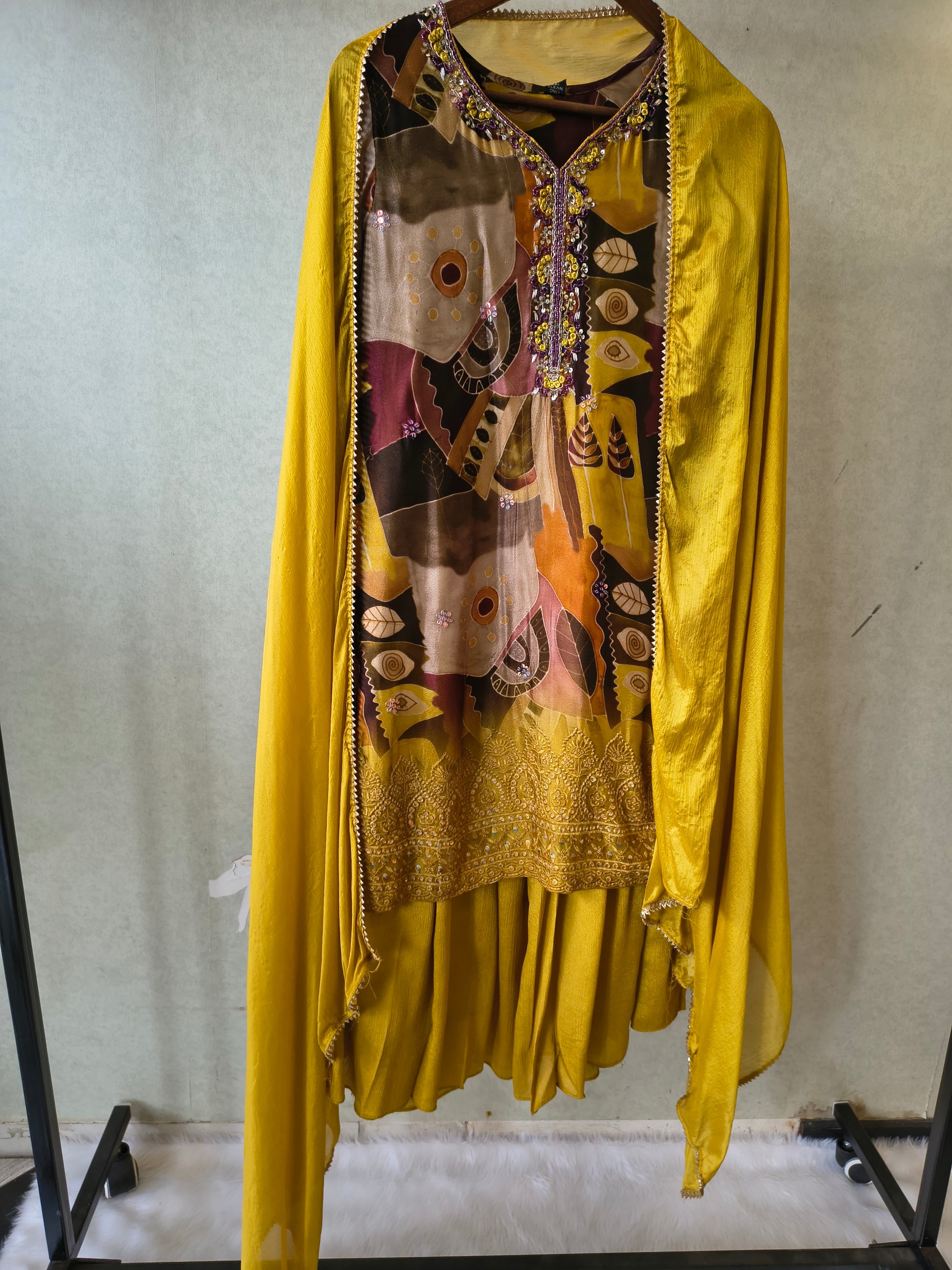 Premium Mustard Abstract Printed Kurta with Sharara & Dupatta Set