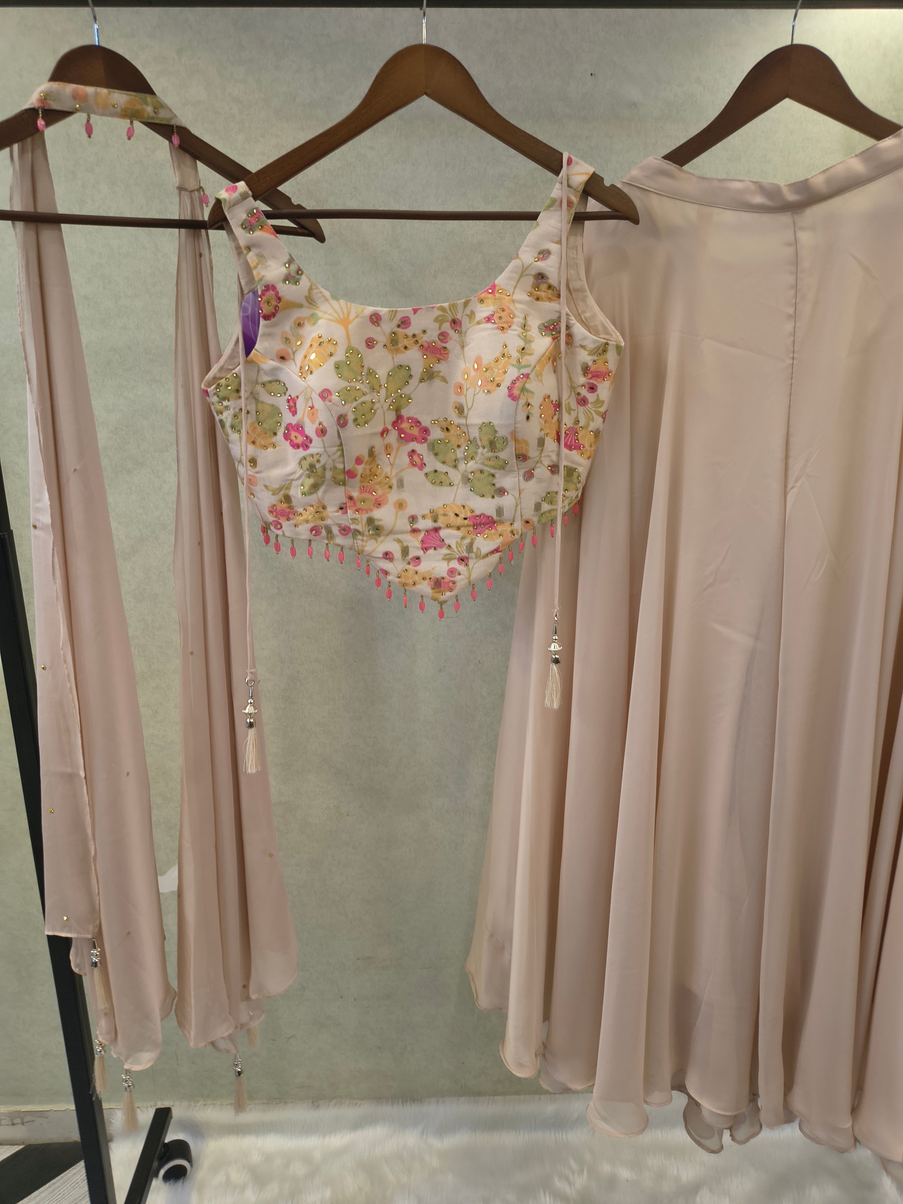 Image of Blush Pink Floral Embroidered Blouse with Flared Palazzo & Choker Dupatta – 3 Piece Designer Indo-Western Set