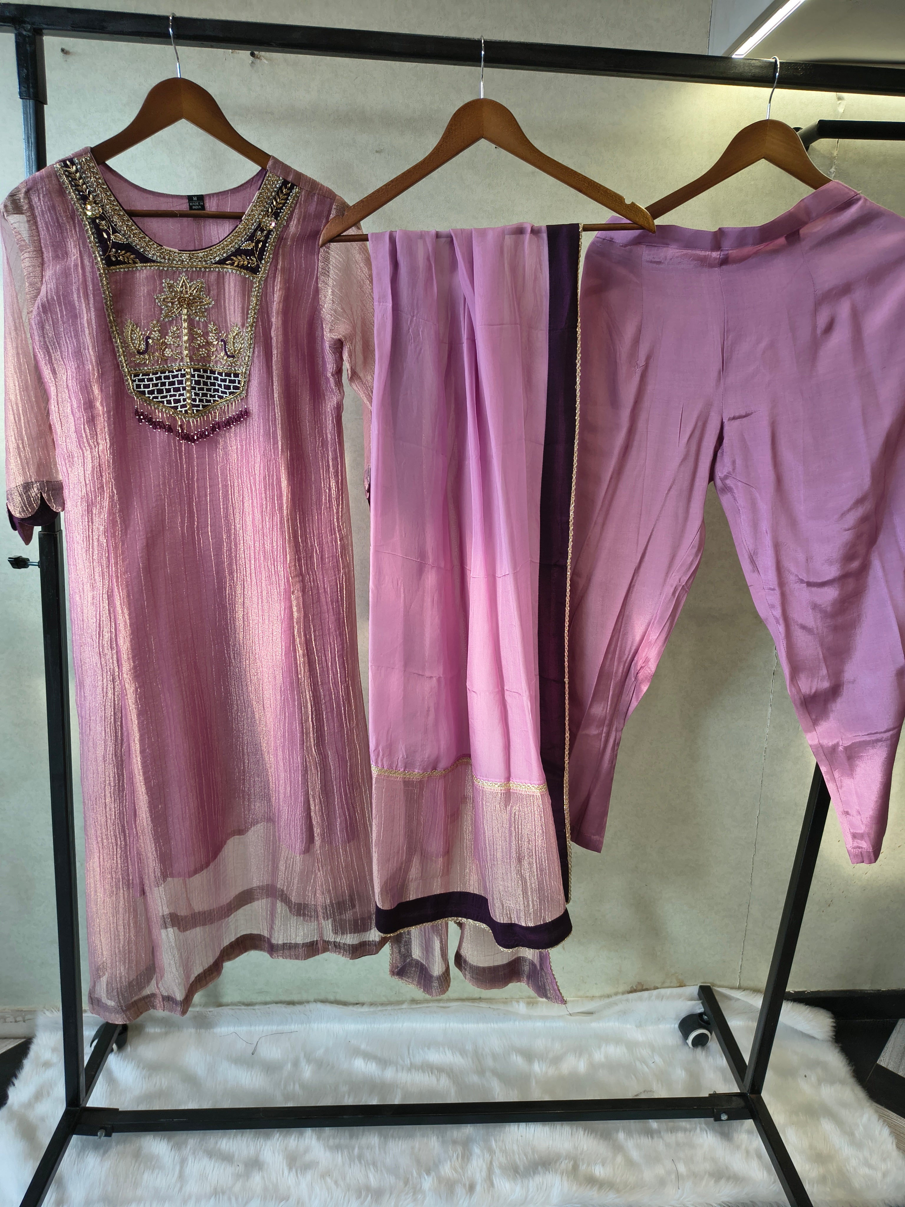 Image of Lavender Embroidered Anarkali Kurta Set with Handcrafted Statement Yoke & Organza Dupatta | Premium 3 Piece Ethnic Ensemble