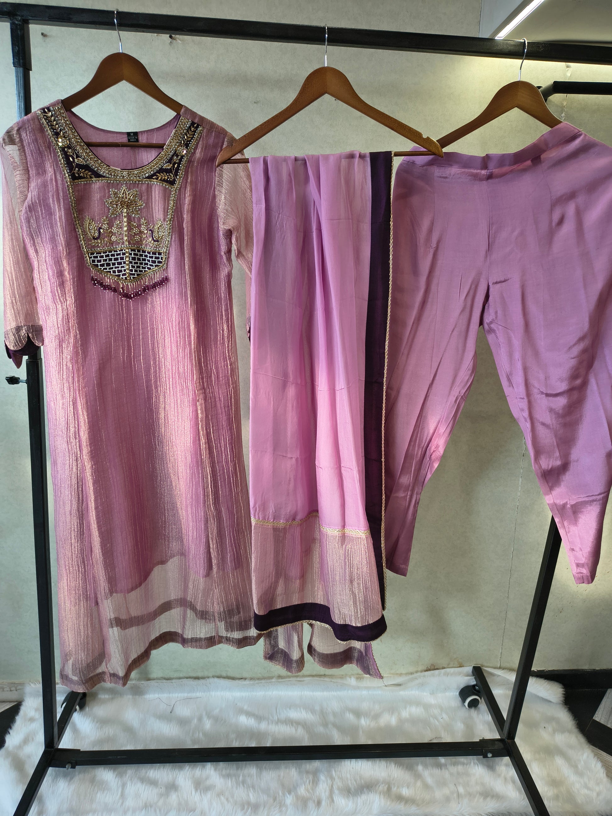Lavender Embroidered Anarkali Kurta Set with Handcrafted Statement Yoke & Organza Dupatta | Premium 3 Piece Ethnic Ensemble
