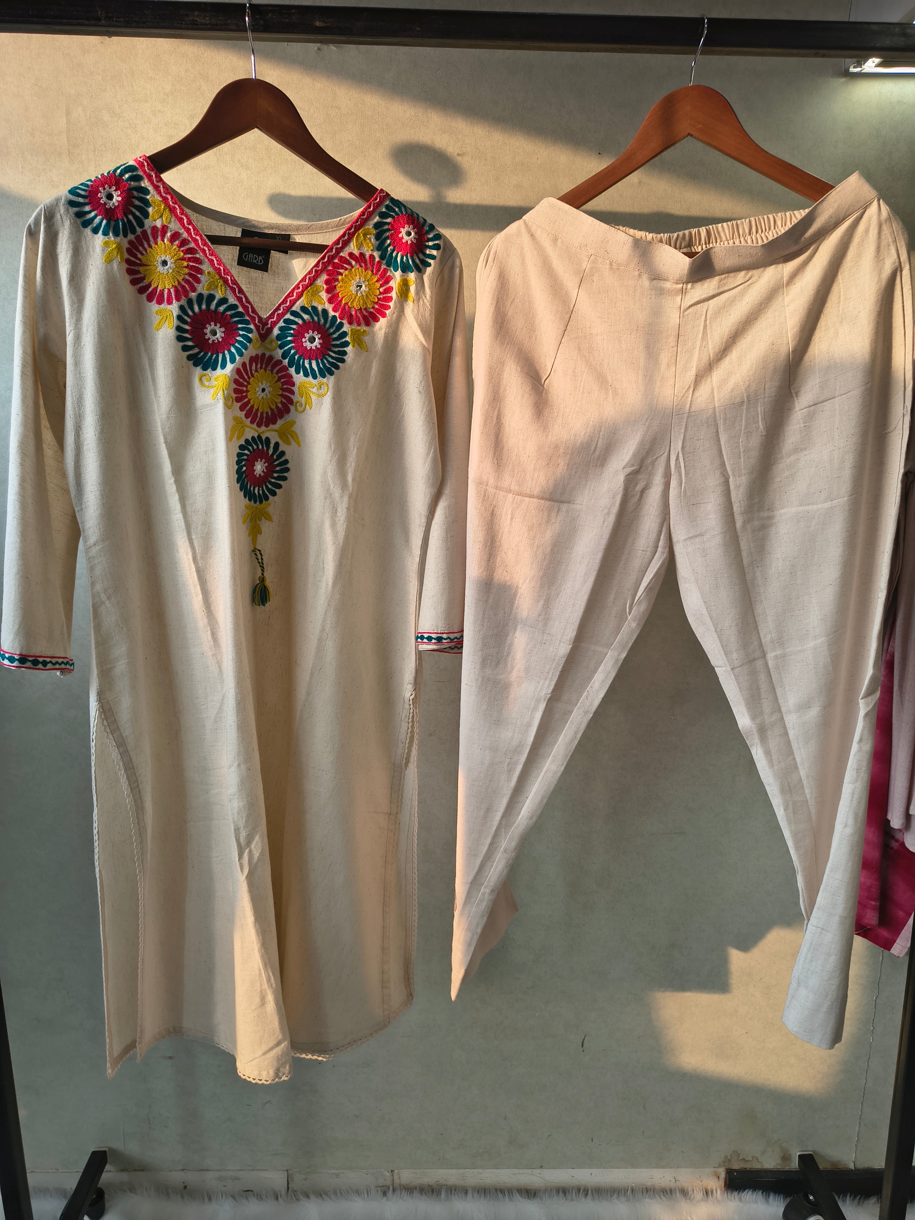 Image of Premium Hand Embroidered Floral Straight Kurta Co-Ord Set with Tapered Pants