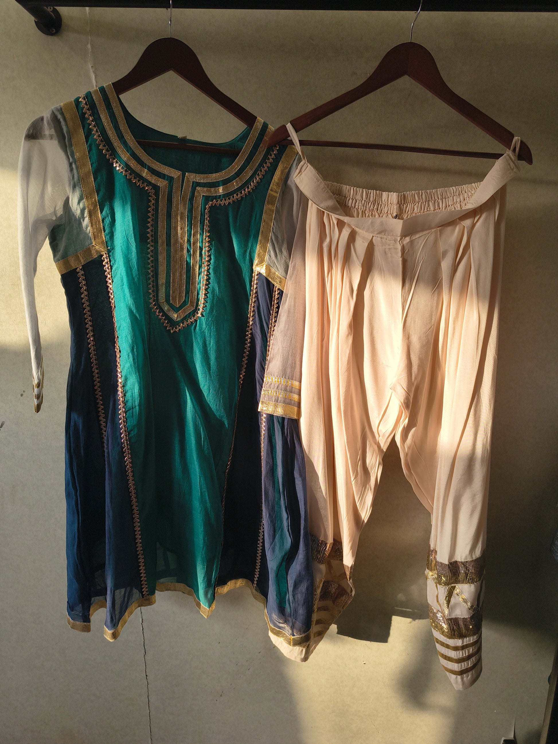 Teal & Navy Colour Block Designer Kurta Set with Gota Patti Dhoti Pants
