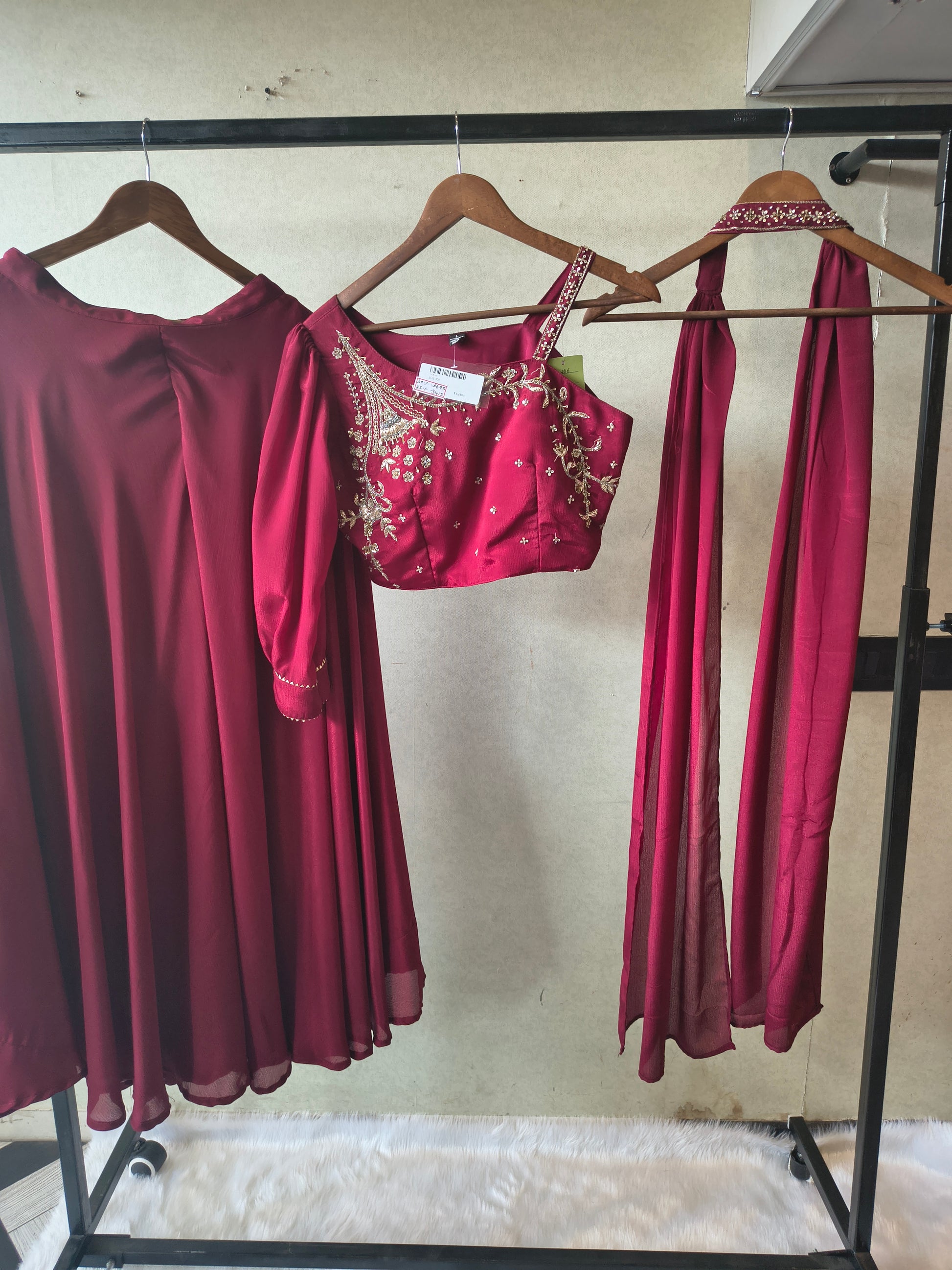 Premium Wine Satin Silk 3-Piece Lehenga Set with Hand Embroidered One-Shoulder Blouse & Dupatta