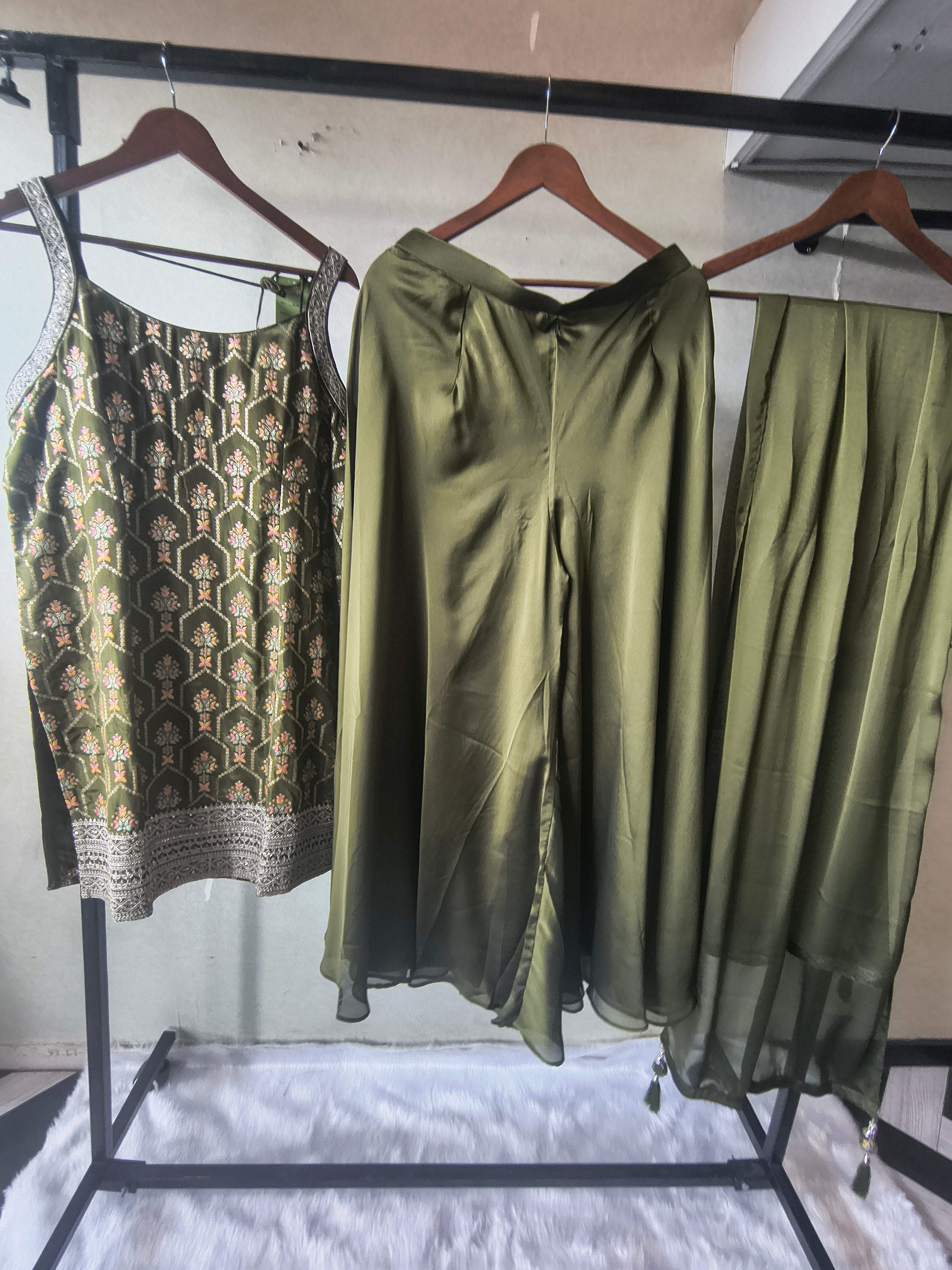 Image of Olive Green Printed Sharara Set with Embroidered Border & Dupatta – Premium 3 Piece Festive Ensemble