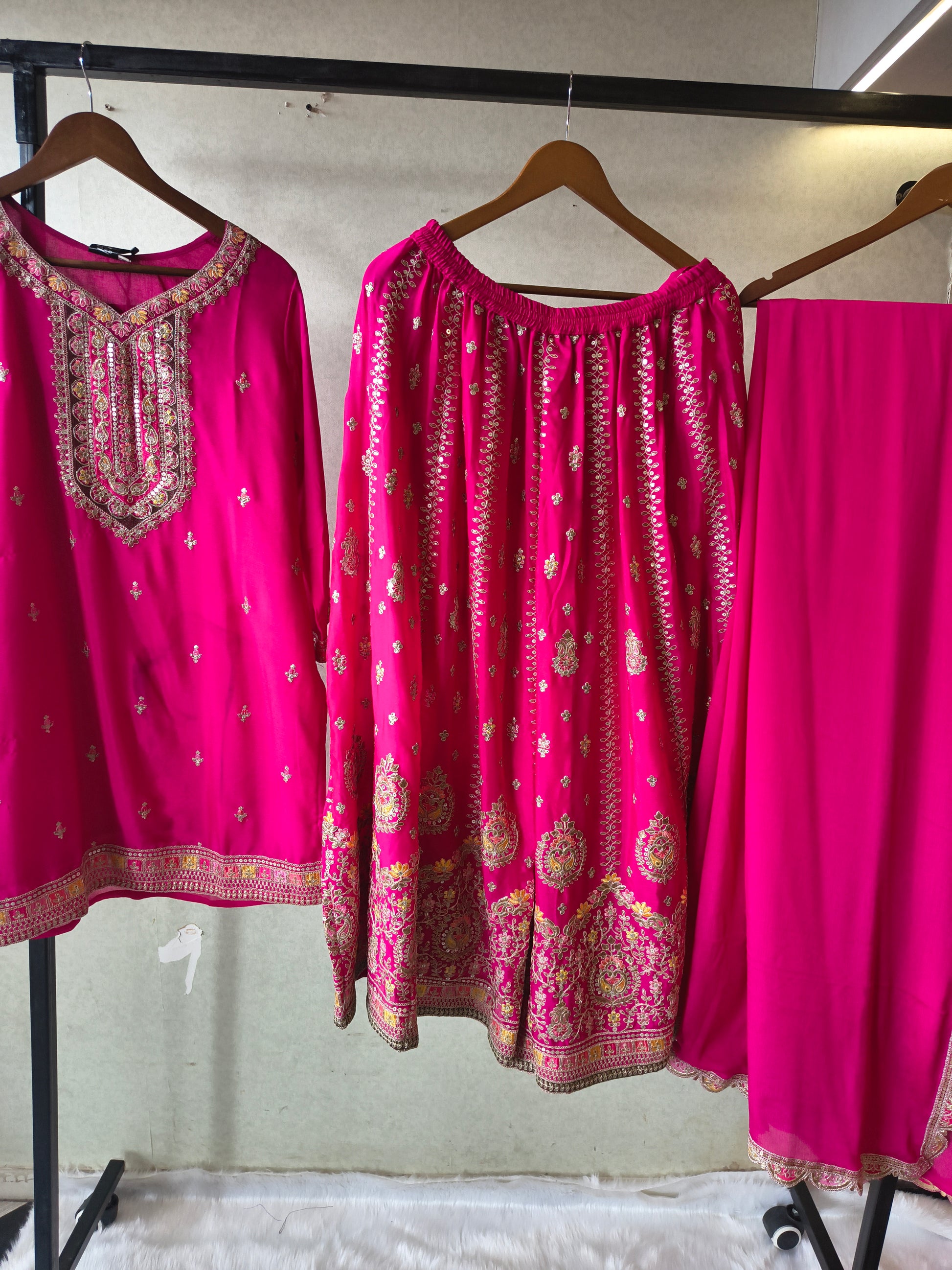 Rani Pink Embroidered Kurta Sharara Set with Scalloped Dupatta – Premium 3 Piece Festive Ensemble