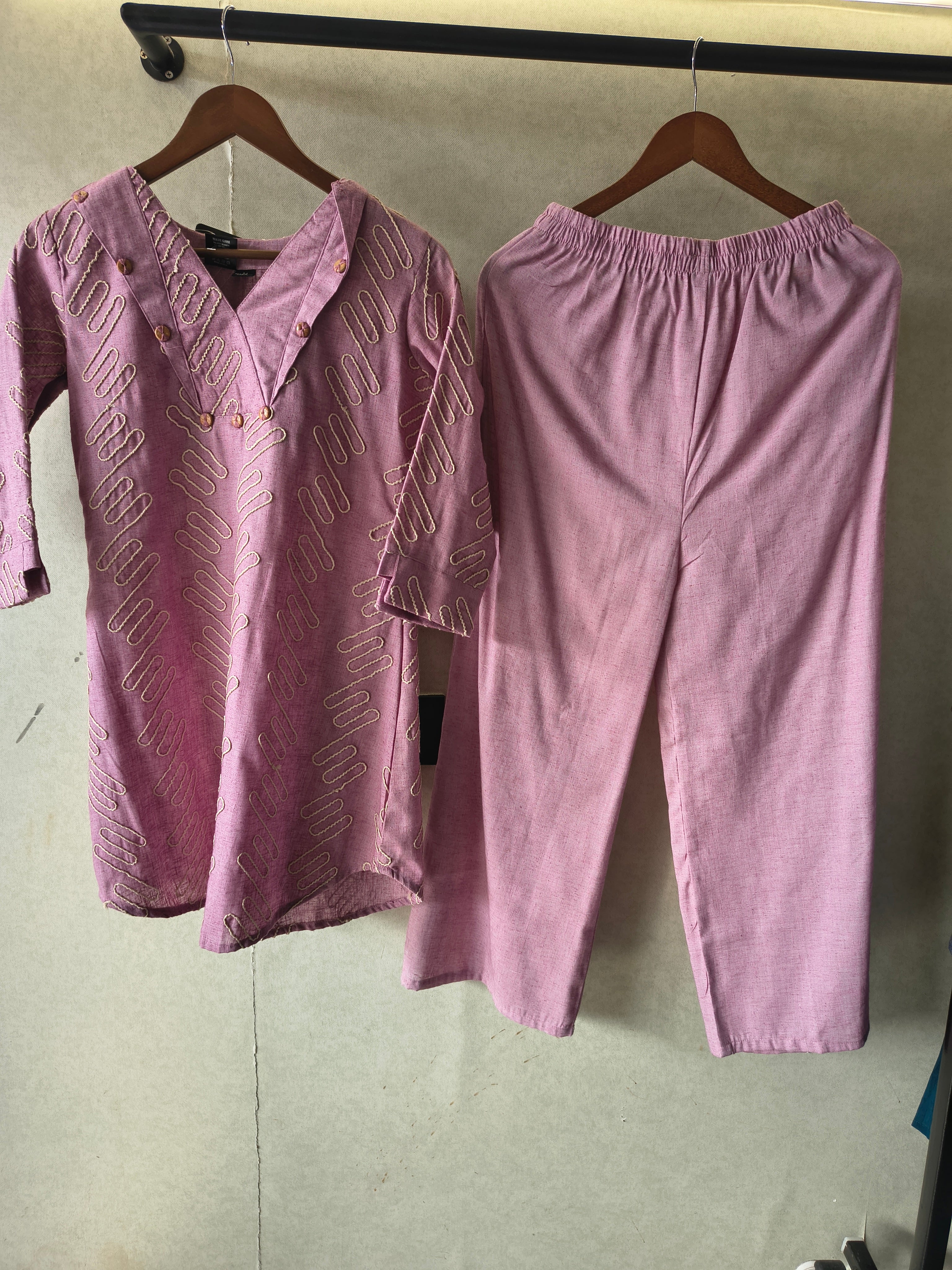 Image of Dusty Rose Embroidered V-Neck Designer Kurta Pant Co-Ord Set