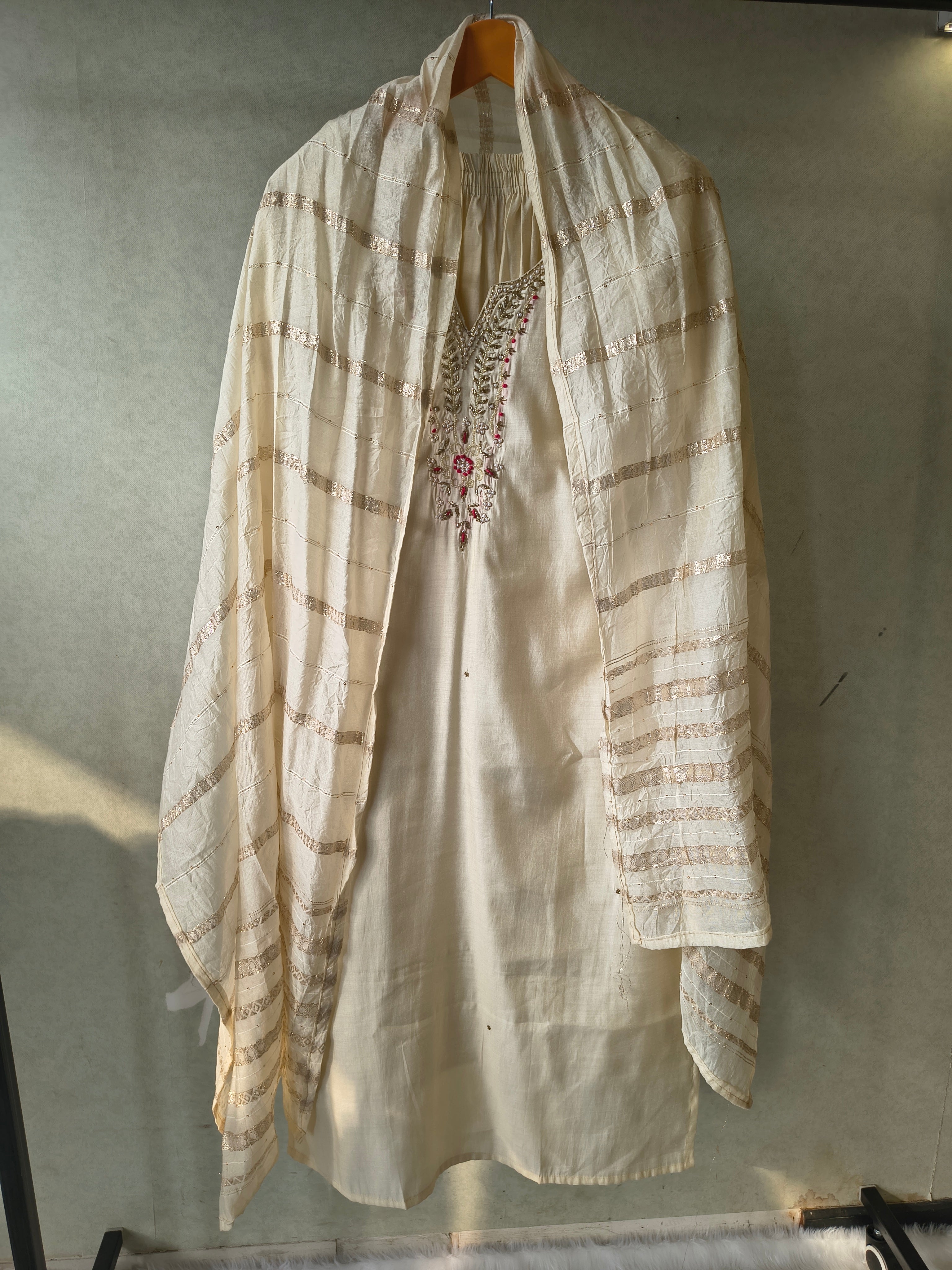 Image of Premium Ivory Hand-Embroidered Straight Kurta with Cotton Pants & Woven Dupatta Set