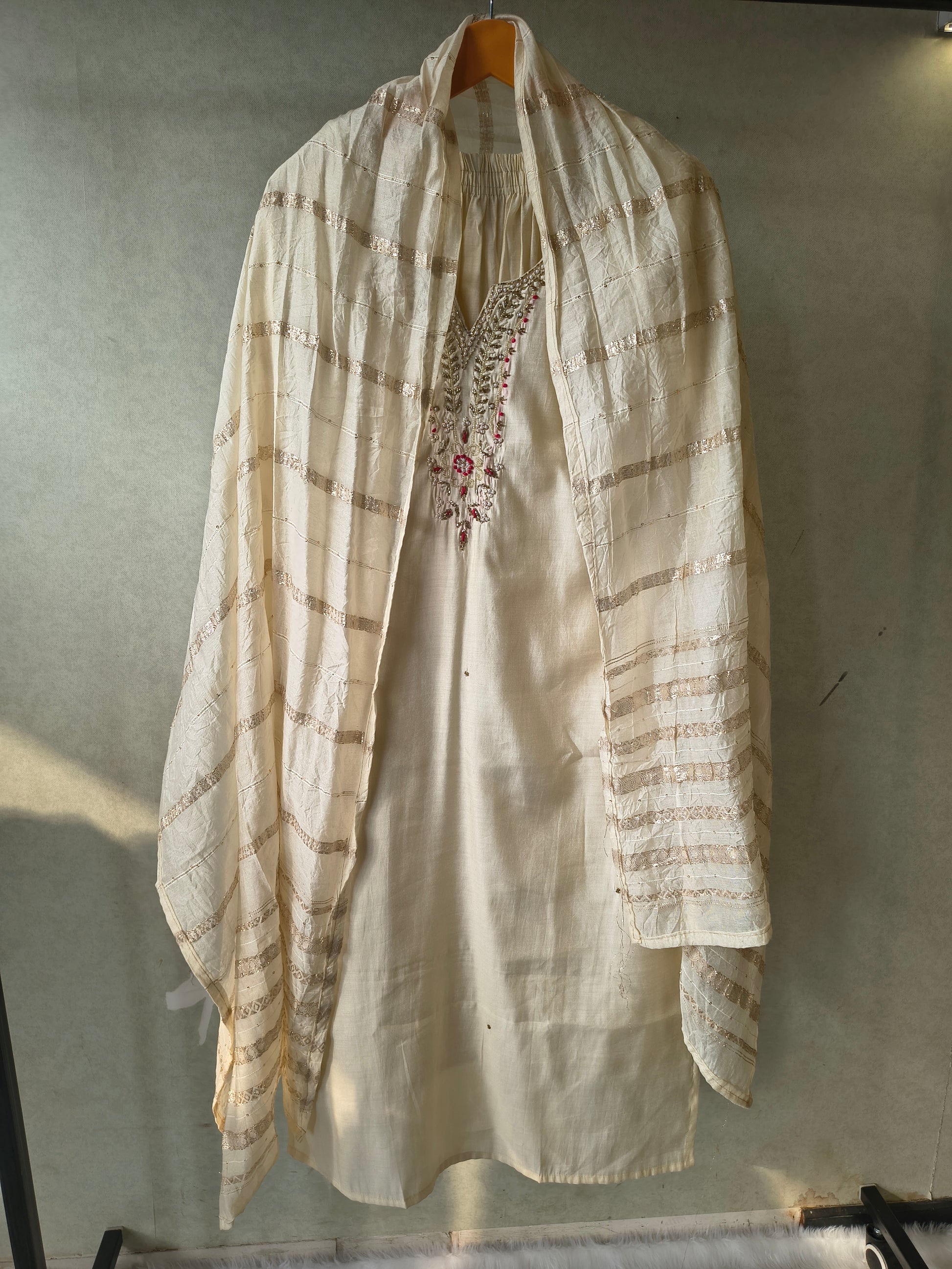Premium Ivory Hand-Embroidered Straight Kurta with Cotton Pants & Woven Dupatta Set