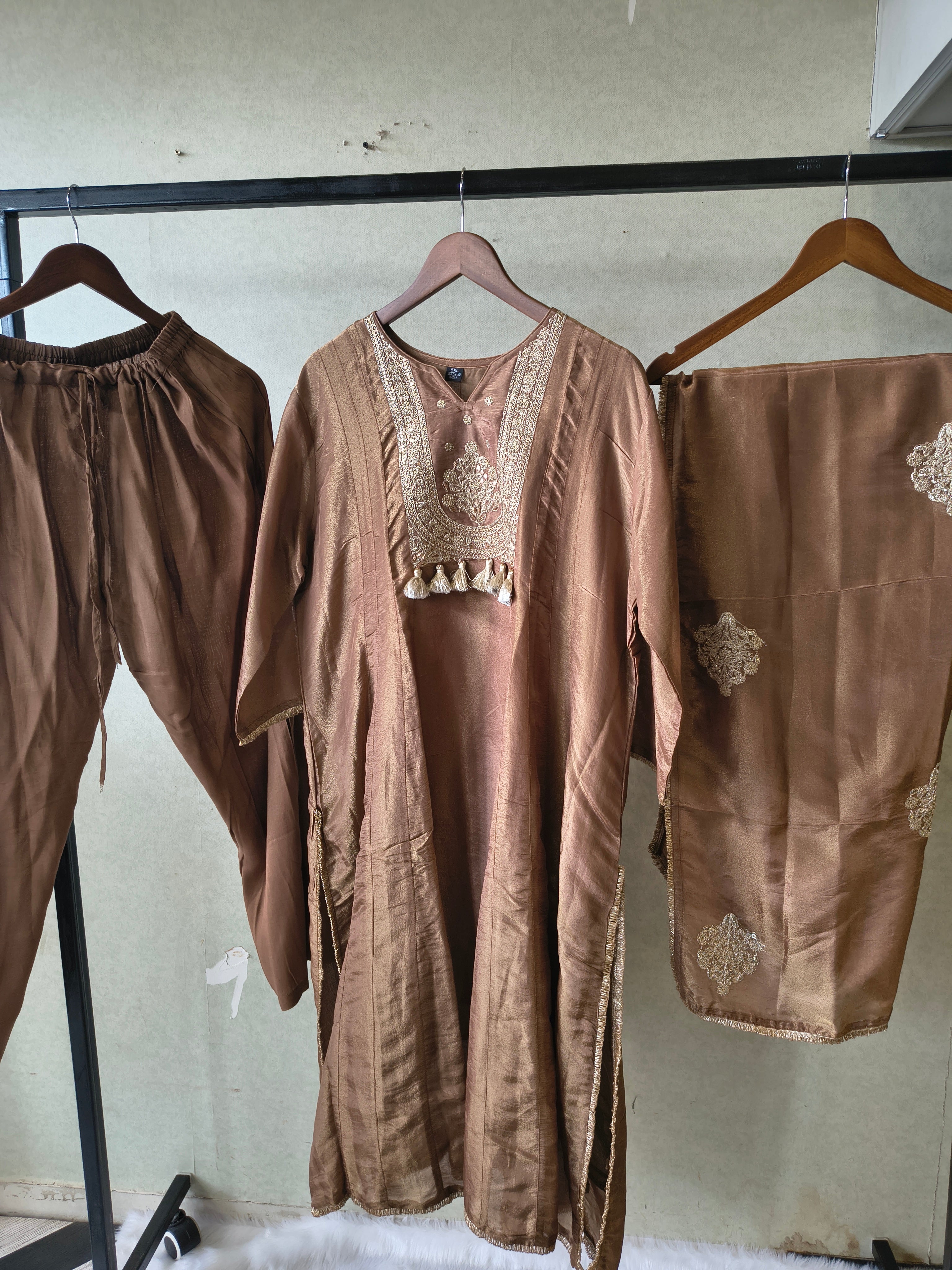 Image of Premium Copper Brown Embroidered A-Line Kurta Set with Dupatta