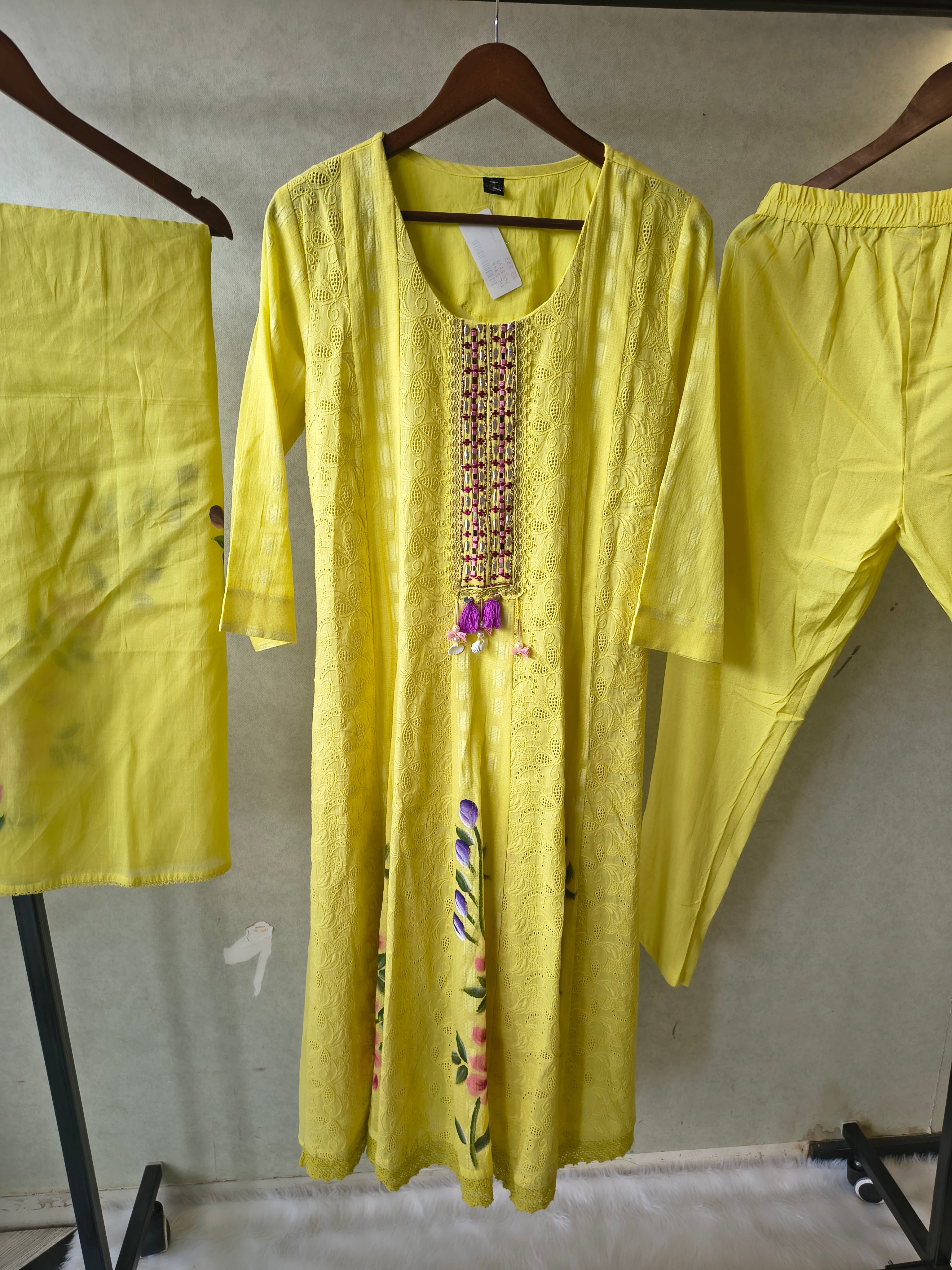 Image of Premium Sunshine Yellow Schiffli Embroidered Kurta Set with Floral Handwork & Dupatta
