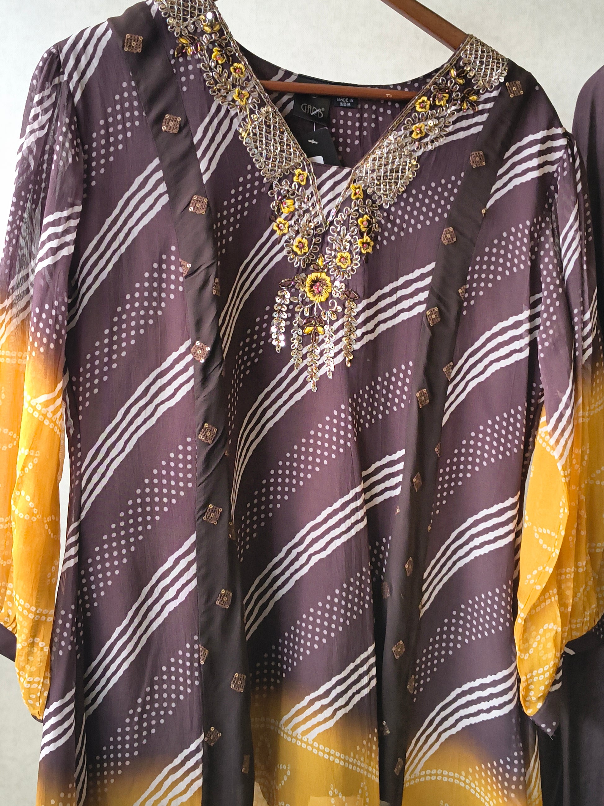 Premium Charcoal & Mustard Bandhani Print Kaftan Kurta with Dhoti Pants Set