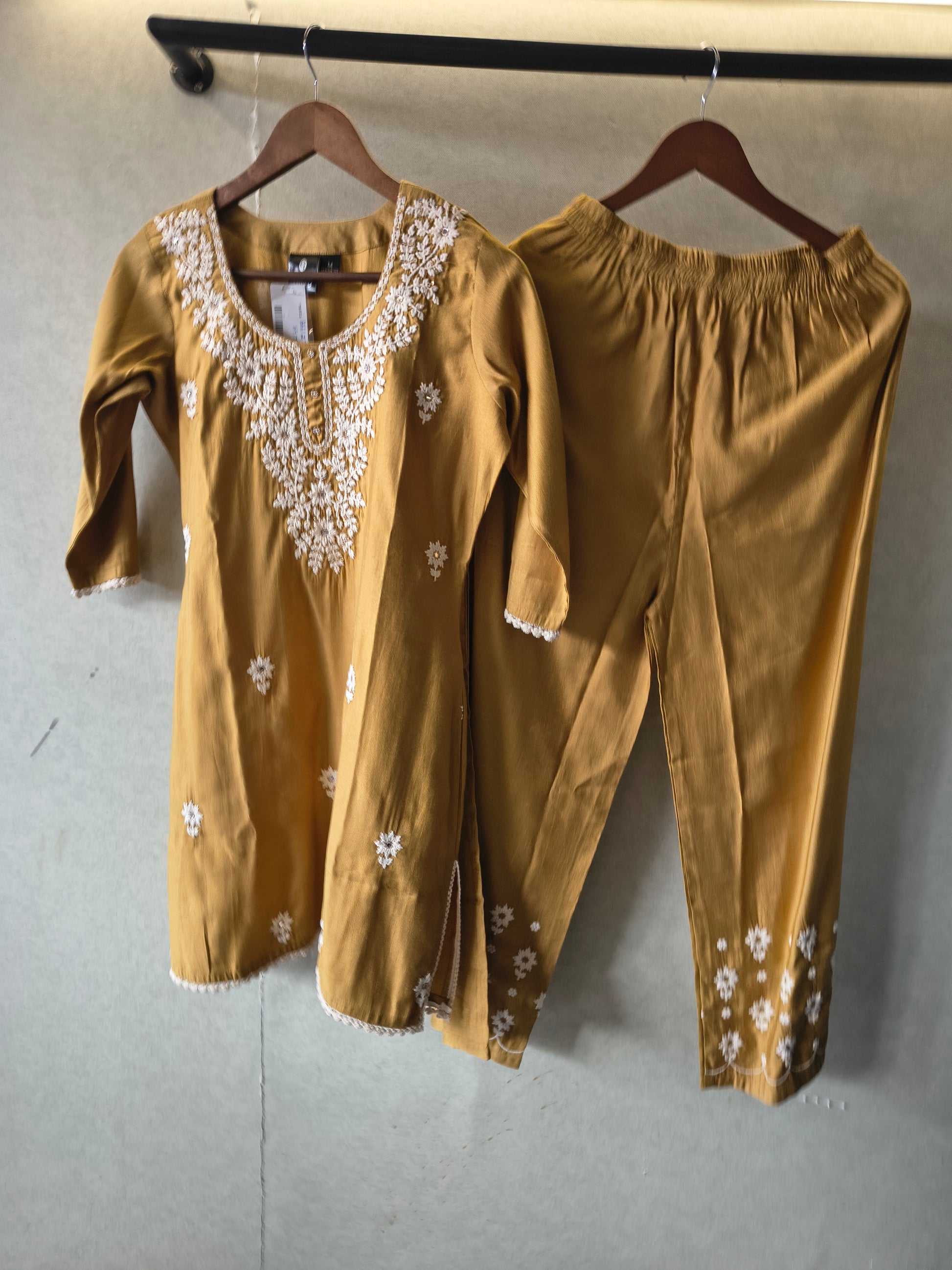 Mustard Yellow White Embroidered Premium Kurta Pant Co-Ord Set