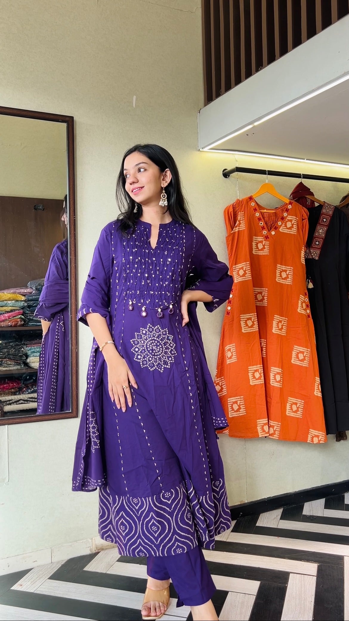 Image of Pure Mull Cotton Bandhani 3 Piece Anarkali Set