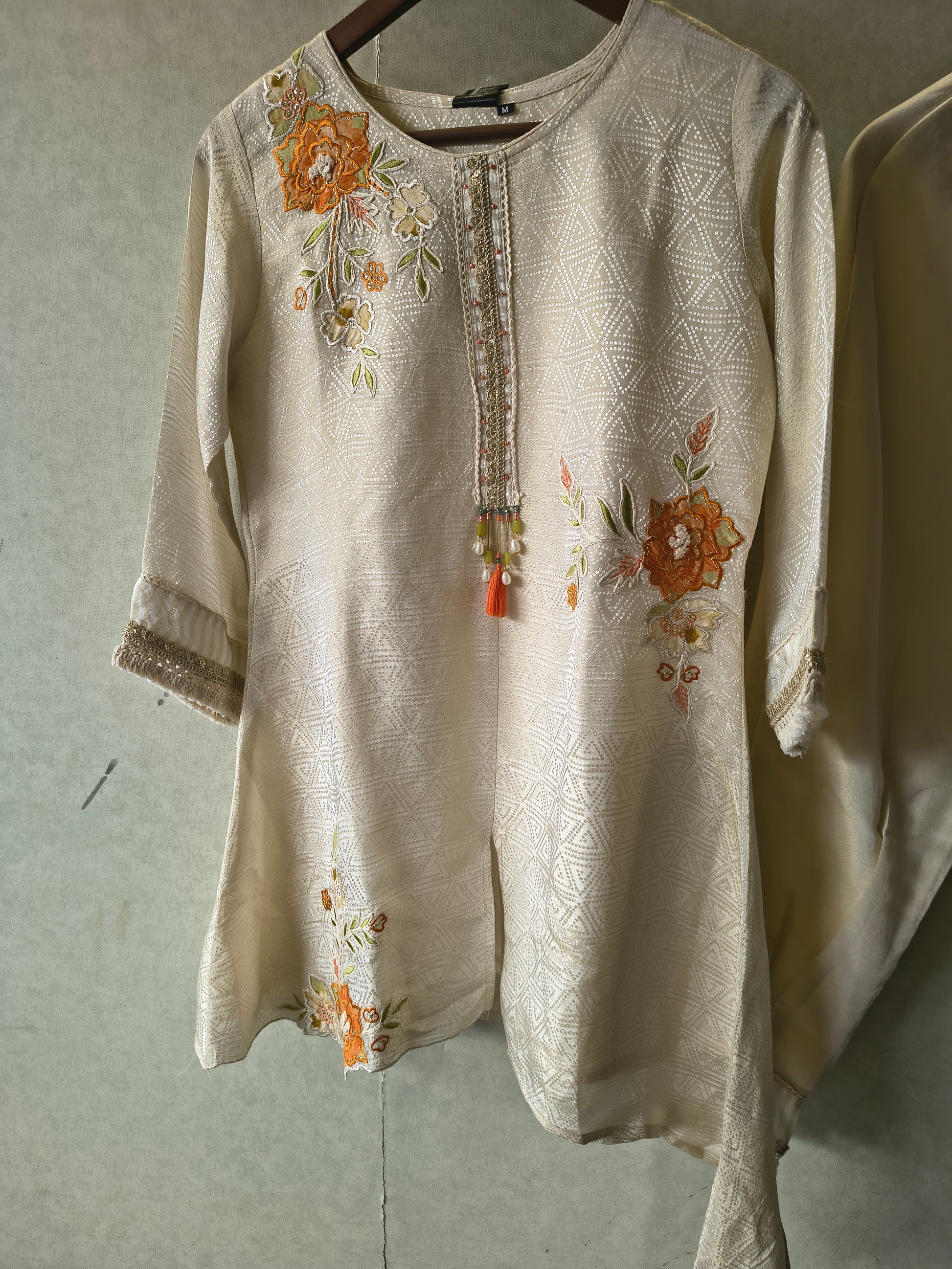 Ivory Floral Embroidered Premium Asymmetrical Kurta Pant Co-Ord Set