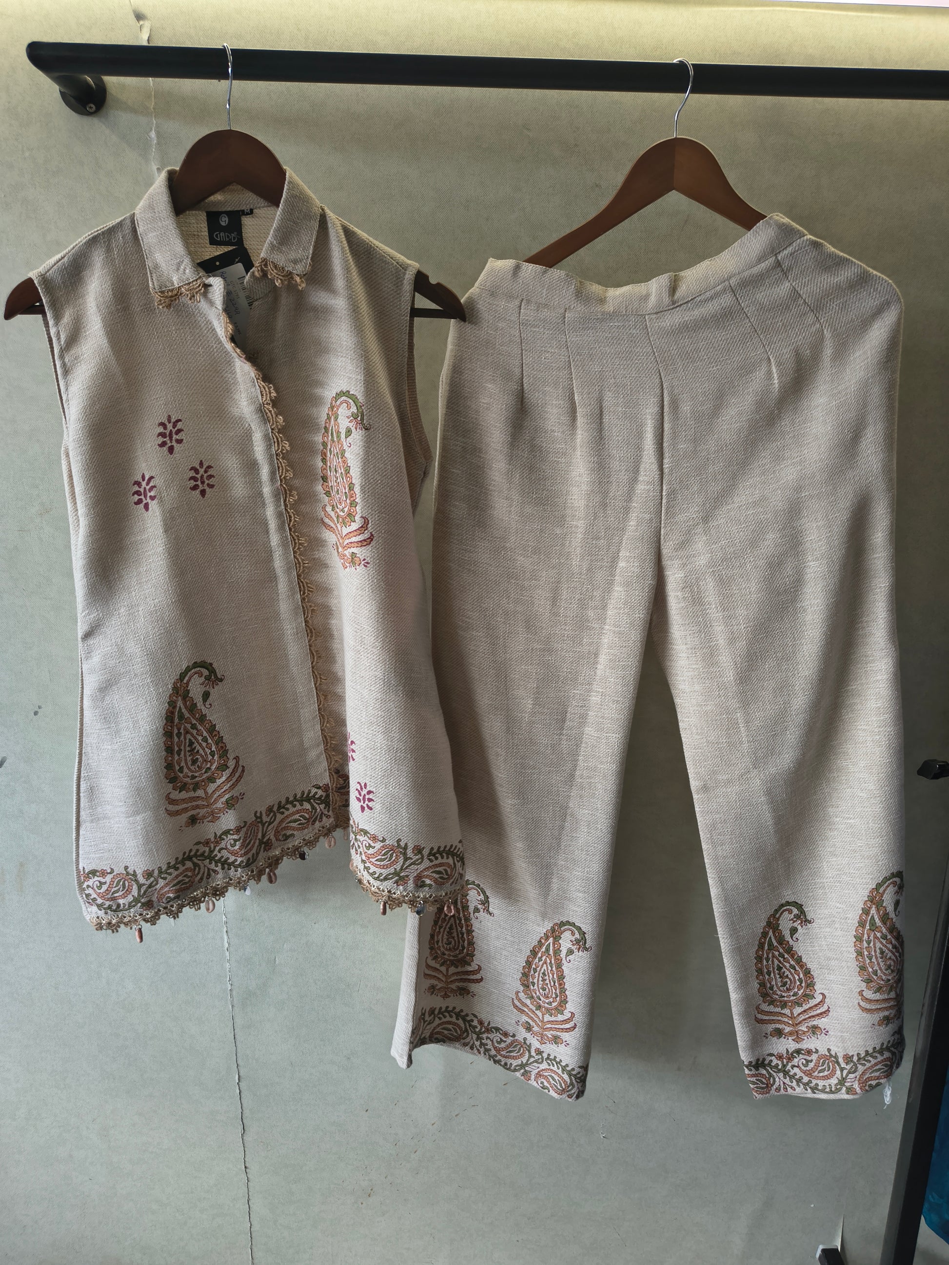 Natural Beige Paisley Printed Sleeveless Designer Co-Ord Set