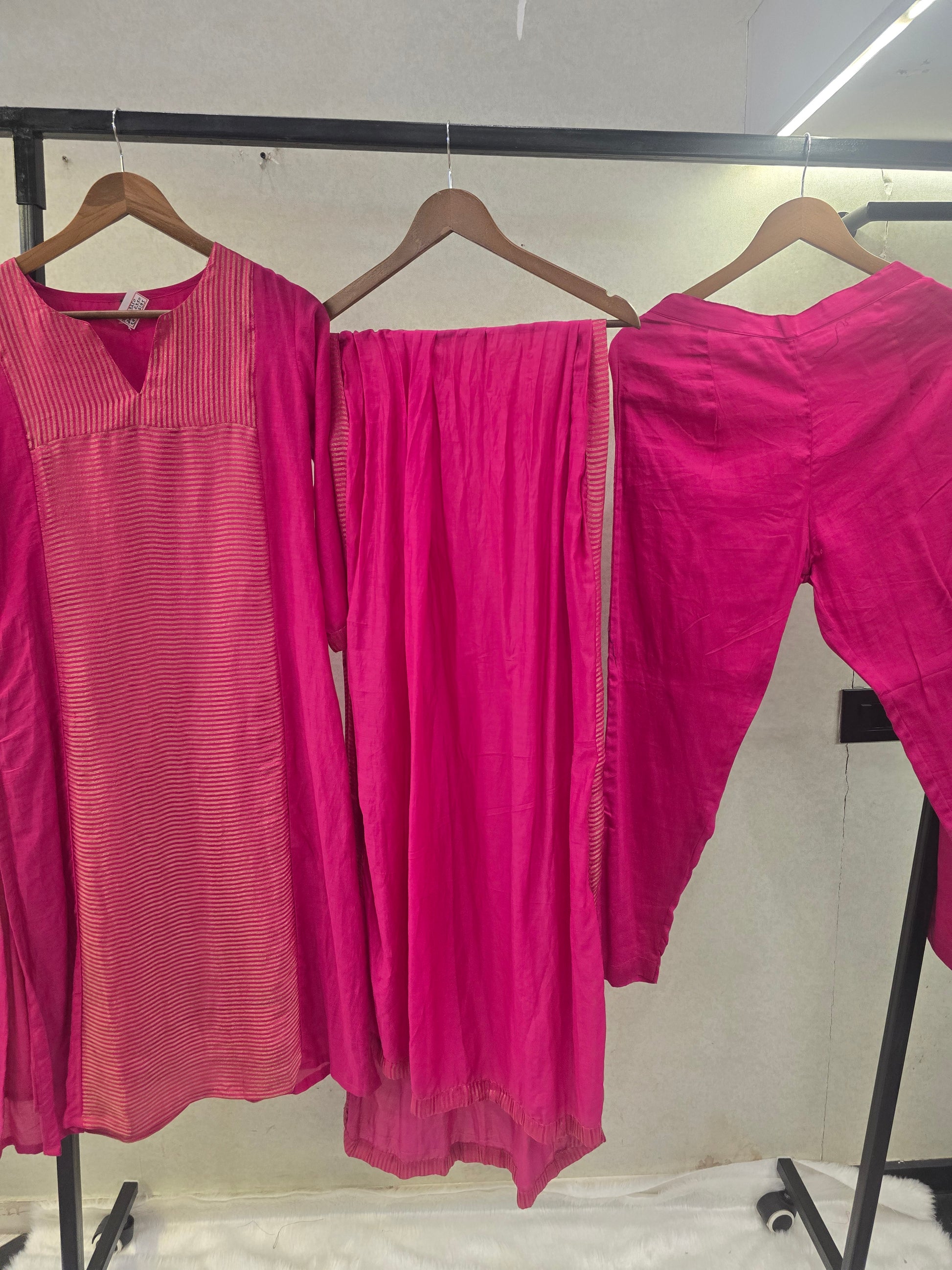 Fuchsia Pink Textured Straight Kurta Set with Woven Panel & Matching Dupatta | Premium 3 Piece Ethnic Ensemble