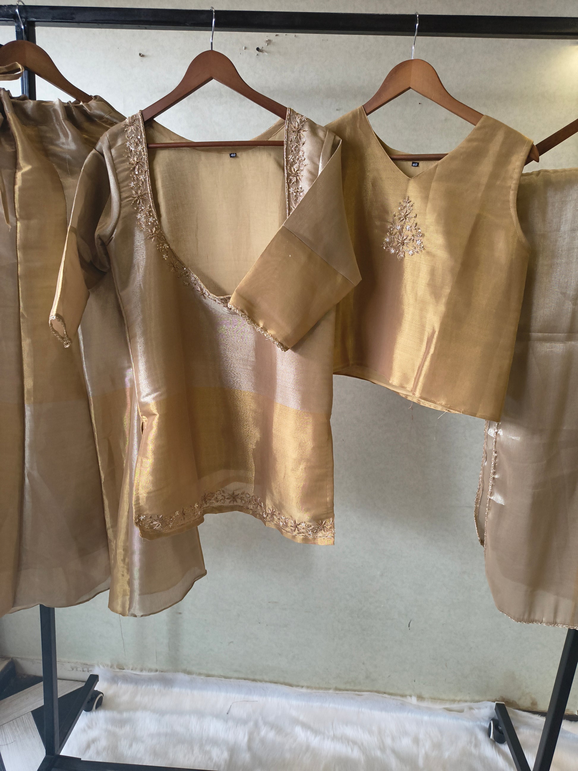 Champagne Gold Tissue Silk Embroidered Layered Kurta with Inner, Palazzo & Woven Dupatta – 4 Piece Designer Festive Set