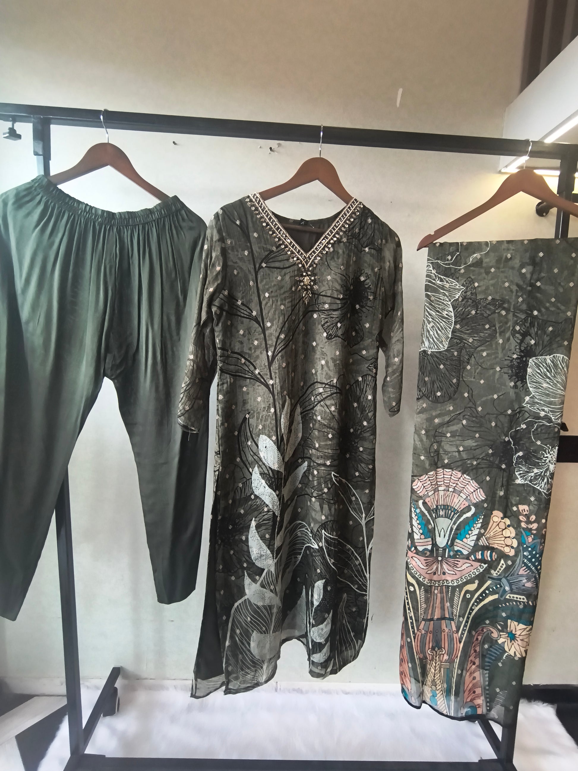 Premium Olive Botanical Print Straight Kurta with Cigarette Pants & Dupatta Set